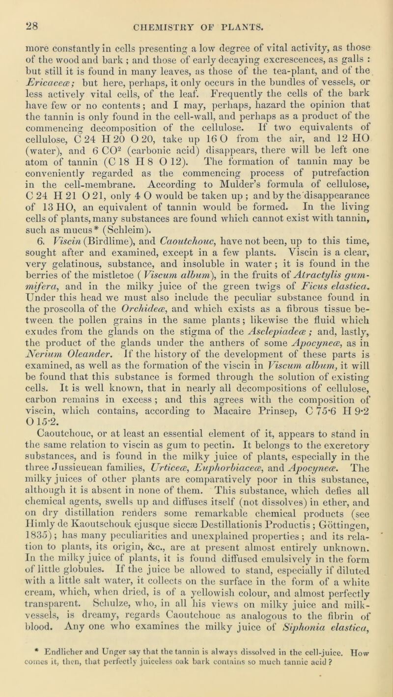 more constantly in cells presenting a low degree of vital activity, as those ot‘ the wood and bark ; and those of early decaying excrescences, as galls : but still it is found in many leaves, as those of the tea-plant, and of the Ericacece; but here, perhaps, it only occurs in the bundles of vessels, or less actively vital cells, of the leaf. Frequently the cells of the bark have few or no contents; and I may, perhaps, hazard the opinion that the tannin is only found in the cell-wall, and perhaps as a product of the commencing decomposition of the cellulose. If two equivalents of cellulose, C 24 H 20 0 20, take up 16 0 from the air, and 12 HO (water), and 6 CO2 (carbonic acid) disappears, there will be left one atom of tannin (C 18 II 8 0 12). The formation of tannin may be conveniently regarded as the commencing process of putrefaction in the cell-membrane. According to Mulder’s formula of cellulose, C 24 H 21 0 21, only 4 O would be taken up ; and by the disappearance of 13 HO, an equivalent of tannin would be formed. In the living cells of plants, many substances are found which cannot exist with tannin, such as mucus* (Schleim). 6. Viscin (Birdlime), and Caoutchouc, have not been, up to this time, sought after and examined, except in a few plants. Viscin is a clear, very gelatinous, substance, and insoluble in water ; it is found in the berries of the mistletoe ( Viscum album), in the fruits of Alractylis gum- mifera, and in the milky juice of the green twigs of Ficus elastica. Under this head we must also include the peculiar substance found in the proscolla of the Orchidece, and which exists as a fibrous tissue be- tween the pollen grains in the same plants; likewise the fluid which exudes from the glands on the stigma of the Asclepiadece; and, lastly, the product of the glands under the anthers of some Apocynece, as in JVerium Oleander, if the history of the development of these parts is examined, as well as the formation of the viscin in Viscum album, it will be found that this substance is formed through the solution of existing cells. It is well known, that in nearly all decompositions of cellulose, carbon remains in excess ; and this agrees with the composition of viscin, which contains, according to Macaire Prinsep, C 75*6 II 9‘2 O 15*2. Caoutchouc, or at least an essential element of it, appears to stand in the same relation to viscin as gum to pectin. It belongs to the excretory substances, and is found in the milky juice of plants, especially in the three J ussieuean families, Urticece, Euphorbiacece, and Apocynece. The milky juices of other plants are comparatively poor in this substance, although it is absent in none of them. This substance, which defies all chemical agents, swells up and diffuses itself (not dissolves) in ether, and on dry distillation renders some remarkable chemical products (see Himly de Kaoutschouk ejusque siccre Destillationis Productis; Gottingen, 1835); has many peculiarities and unexplained properties; and its rela- tion to plants, its origin, &c., are at present almost entirely unknown. In the milky juice of plants, it is found diffused emulsively in the form of little globules. If the juice be allowed to stand, especially if diluted with a little salt water, it collects on the surface in the form of a white cream, which, when dried, is of a yellowish colour, and almost perfectly transparent. Schulze, who, in all his views on milky juice and milk- vessels, is dreamy, regards Caoutchouc as analogous to the fibrin of blood. Any one who examines the milky juice of Siphonia elastica, * Endlicher and Unger say that the tannin is always dissolved in the cell-juice. How comes it, then, that perfectly juiceless oak bark contains so much tannic acid ?