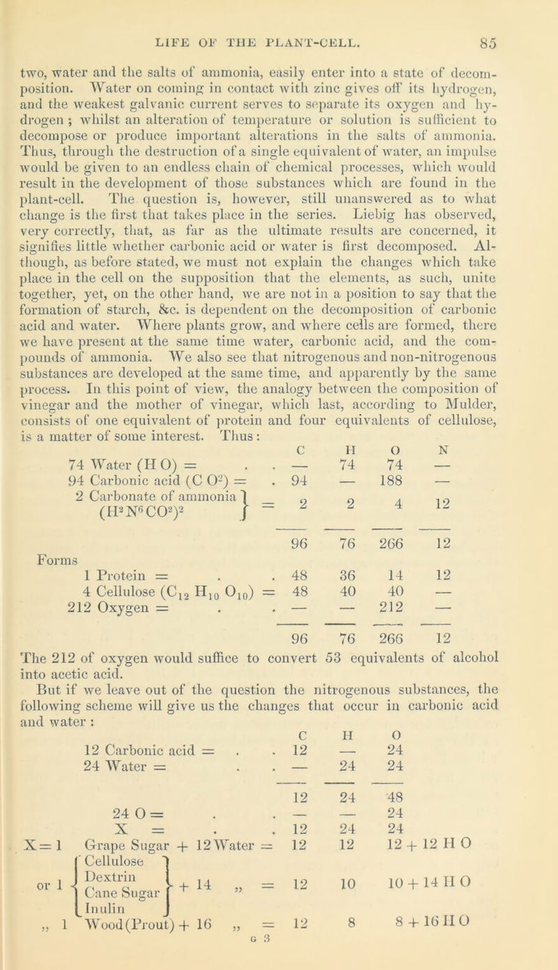 two, water and the salts of ammonia, easily enter into a state of decom- position. Water on coming in contact with zinc gives off its hydrogen, and the weakest galvanic current serves to separate its oxygen and hy- drogen ; whilst an alteration of temperature or solution is sufficient to decompose or produce important alterations in the salts of ammonia. Thus, through the destruction of a single equivalent of water, an impulse would be given to an endless chain of chemical processes, which would result in the development of those substances which are found in the plant-cell. The question is, however, still unanswered as to what change is the first that takes place in the series. Liebig has observed, very correctly, that, as far as the ultimate results are concerned, it signifies little whether carbonic acid or water is first decomposed. Al- though, as before stated, we must not explain the changes which take place in the cell on the supposition that the elements, as such, unite together, yet, on the other hand, we are not in a position to say that the formation of starch, &c. is dependent on the decomposition of carbonic acid and water. Where plants grow, and where cells arc formed, there we have present at the same time water, carbonic acid, and the com- pounds of ammonia. We also see that nitrogenous and non-nitrogenous substances are developed at the same time, and apparently by the same process. In this point of view, the analogy between the composition of vinegar and the mother of vinegar, which last, according to Mulder, consists of one equivalent of protein and four equivalents of cellulose, is a matter of some interest. Thus: 74 Water (H O) = 94 Carbonic acid (C O'-) = 2 Carbonate of ammonia 1 (IPN^CO2)2 Forms 1 Protein = 4 Cellulose (C12 H10 O10) 212 Oxygen = c H o N . 74 74 — . 94 — 188 ■— = 2 2 4 12 96 76 266 12 . 48 36 14 12 = 48 40 40 — . — — 212 — 96 76 266 12 The 212 of oxygen would suffice to convert 53 equivalents of alcohol into acetic acid. But if we leave out of the question the nitrogenous substances, the following scheme will give us the changes that occur in carbonic acid and water : or 1 c II 0 12 Carbonic acid — 12 — 24 24 Water = • — 24 24 12 24 48 24 0 = — — 24 X = • • 12 24 24 Grape Sugar + 12 Water = 12 12 12 + 12 H 0 Cellulose Dextrin - + 14 „ = 12 10 10 + 14 II 0 Cane Sugar Inulin Wood(Prout) + 16 „ = 12 8 8 + 16 no G 3