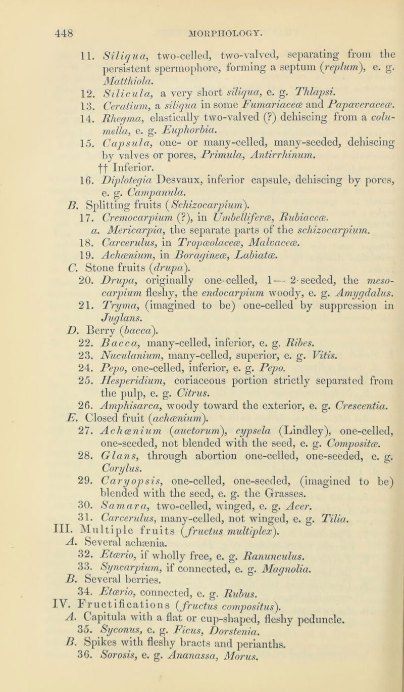 11. Siliqua, two-celled, two-valved, separating from the persistent spermophore, forming a septum (replum), e. g. Matthiola. 12. Si lie ul a, a very short siliqua, e. g. Thlapsi. 13. Ceratiurn, a siliqua in some Fumariaceee and Papaveraceee. 14. Rhegma, elastically two-valved (?) dehiscing from a colu- mella, e. g. Euphorbia. 15. Capsula, one- or many-celled, many-seeded, dehiscing by valves or pores. Primula, Antirrhinum. ff Inferior. 16. Diplotegia Desvaux, inferior capsule, dehiscing by pores, e. g. Campanula. B. Splitting fruits (Schizocarpium). 17. Cremocarpium (?), in Umbelliferce, Rubiacece. a. Mericarpia, the separate parts of the schizocarpium. 18. Carcerulus, in Tropceolacece, Malvaceae. 19. Achcenium, in Boraginece, Labiates. C. Stone fruits (drupa). 20. Drupa, originally one-celled, 1— 2-seeded, the meso- carpium fleshy, the endocarpium woody, e. g. Amygdalus. 21. Tryma, (imagined to be) one-celled by suppression in Juglans. D. Berry (bacca). 22. Bacca, many-celled, inferior, e. g. Ribes. 23. Nuculanium, many-celled, superior, e. g. Vitis. 24. Pepo, one-celled, inferior, e. g. Pepo. 25. Ilesperidium, coriaceous portion strictly separated from the pulp, e. g. Citrus. 26. Amphisarca, woody toward the exterior, e. g. Crescentia. E. Closed fruit (achcenium). 27. Achcenium (auctorum), cypsela (Bindley), one-celled, one-seeded, not blended with the seed, e. g. Composites. 28. Gians, through abortion one-celled, one-seeded, e. g. Corylus. 29. Cary op sis, one-celled, one-seeded, (imagined to be) blended with the seed, e. g. the Grasses. 30. Samara, two-celled, winged, e. g. Acer. 31. Carcerulus, many-celled, not winged, e. g. Tilia. III. Multiple fruits (fructus multiplex). A. Several achamia. 32. Eteerio, if wholly free, e. g. Ranunculus. 33. Syncarpium, it connected, e. g. Magnolia. B. Several berries. 34. Eteerio, connected, c. g. Rubus. IV. Fructifications (fructus compositus). A. Capitula with a flat or cup-shaped, fleshy peduncle. 35. Syconus, e. g. Ficus, Dorstenia. B. Spikes with fleshy bracts and perianths. 36. Sorosis, e. g. Ananassa, Morus.