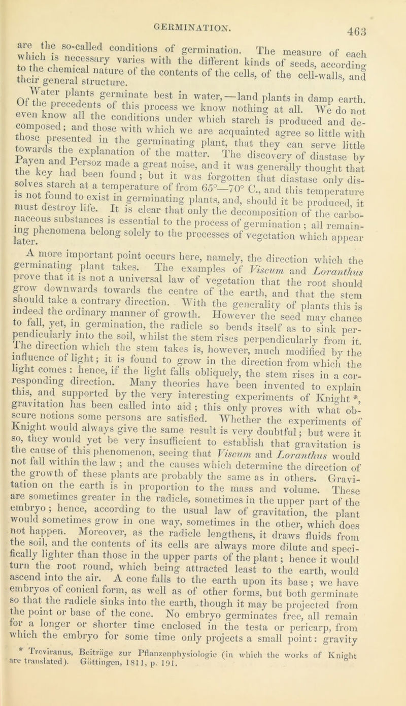 “ZJ!t S°'Called conJi.tions of germination. The measure of eael, uch is necessary vanes with the different kinds of seeds, according their>t“Tlrcfure 6 C°n‘entS °f tllS CC“3’ °f the cell-'»lls’ «»d VV atei plants geiniinate best in water, land plants in damp earth even knoT air, S °‘ t!VS.'Jrocess ,*» ^now nothing at all. wL o ,!o t kno.w aI1 tl,le conditions under which starch is produced and de- niposi i , and those with which we are acquainted agree so little with toZaHhe ^ thC grnimtin8 Pto‘> “““ ‘hey can serve little Pa?en and PeS ’ i° “‘e matte1'' Tlle <««*>ver7 of diastase by ttekev Ind he? T f grat nolse’ a;d ;t ™ generally thought that the key had been found ; but it was forgotten that diastase only dis- •s^not found totpi-t?r?PeratU™ 0t‘fr0al 65°“70° and this temperature m, f tW d v? rn .ger?lmatinS Pknts> and, should it be produced, it 5 * 110^, 1 e‘ 1S c^ear ^Jat onlJ the decomposition of' the carbo- naceous substances is essential to the process of germination • all remain- iater> len0mena bel°nS S0leIy to the Prccesses of' vegetation which appear A more important point occurs here, namely, the direction which the Drove thaHt ex“mpIes of Viscum and Loranthus Pi o'e that it is not a universal law of vegetation that the root should grow downwards towards the centre of the earth, and that the stem should take a contrary direction. With the generality of plants this is indeed the ordinary manner of growth. However the seed may chance to fall, yet, in germination, the radicle so bends itself as to sink per- pendicularly into the soil, whilst the stem rises perpendicularly from it. ie direction which the stem takes is, however, much modified by the influence of light; it is found to grow in the direction from which the ight c®™es : hence, if the light falls obliquely, the stem rises in a cor- responding direction. Many theories have been invented to explain this,.and supported by the very interesting experiments of Knight* gravitation has been called into aid ; this only proves with what ob- scure notions some persons are satisfied. Whether the experiments of Knight would always give the same result is very doubtful; but were it so, tney would yet be very insufficient to establish that gravitation is the cause of this phenomenon, seeing that Viscum and Loranthus would no a within the law ; and the causes which determine the direction of the growth of these plants are probably the same as in others. Gravi- tation on the earth is m proportion to the mass and volume. These are sometimes greater in the radicle, sometimes in the upper part of the embryo ; hence, according to the usual law of gravitation, the plant would sometimes grow m one way, sometimes in the other, which does not happen Moreover, as the radicle lengthens, it draws fluids from the soil, and the contents, of its cells are always more dilute and speci- cally lighter than those in the upper parts of the plant; hence it would turn the root round, which being attracted least to the earth would ascend into the air. A cone falls to the earth upon its base ; we have embryos of conical form, as well as of other forms, but both germinate so that the radicle sinks into the earth, though it may be projected from ie point oi base of the cone. No embryo germinates free, all remain oi a longer or shorter time enclosed in the testa or pericarp, from which the embryo for some time only projects a small point: gravity Trcyiranus, Beitrage zur Pflanzenphysiologie (in which the works of Knight are translated). Gottingen, 1811, p. 191.