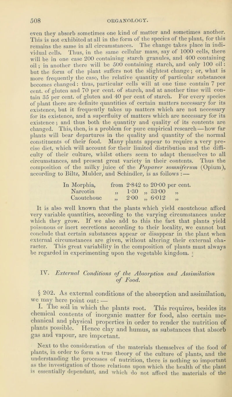 even they absorb sometimes one kind of matter and sometimes another. This is not exhibited at all in the form of the species of the plant, for this remains the same in all circumstances. Ihe change takes place in indi- vidual cells. Thus, in the same cellular mass, say of 1000 cells, there will be in one case 200 containing starch granules, and 400 containing oil; in another there will be 500 containing starch, and only 100 oil: but the form of the plant suffers not the slightest change; or, what is more frequently the case, the relative quantity of particular substances becomes changed : thus, particular cells will at one time contain 7 per cent, of gluten and 70 per cent, of starch, and at another time will con- tain 35 per cent, of gluten and 40 per cent of starch. For every species of plant there are definite quantities of certain matters necessary for its existence, but it frequently takes up matters which are not necessary for its existence, and a superfluity of matters which are necessary for its existence ; and thus both the quantity and quality of its contents are changed. This, then, is a problem for pure empirical research — how far plants will bear departures in the quality and quantity of the normal constituents of their food. Many plants appear to require a very pre- cise diet, which will account for their limited distribution and the diffi- culty of their culture, whilst others seem to adapt themselves to all circumstances, and present great variety in their contents. Thus the composition of the milky juice of the Pctpaver somniferum (Opium), according to Biltz, Mulder, and Schindler, is as follows : — In Morphia, from 2-842 to 20-00 per cent. Narcotin „ 1-30 „ 33-00 „ Caoutchouc „ 2-00 „ 6-012 „ It is also well known that the plants which yield caoutchouc afford very variable quantities, according to the varying circumstances under which they grow. If we also add to this the fact that plants yield poisonous or inert secretions according to their locality, we cannot but conclude that certain substances appear or disappear in the plant when external circumstances are given, without altering their external cha- racter. This great variability in the composition of plants must always be regarded in experimenting upon the vegetable kingdom, i IV. External Conditions of the Absorption and Assimilation of Food. § 202. As external conditions of the absorption and assimilation, we may here point out: — I. Ihe soil in which the plants root. This requires, besides its chemical contents of inorganic matter for food, also certain me- chanical and physical properties in order to render the nutrition of plants possible. Hence clay and humus, as substances that absorb gas and vapour, are important. Next to the consideration of the materials themselves of the food of plants, in order to form a true theory of the culture of plants, and the understanding the processes of nutrition, there is nothing so important as the investigation of those relations upon which the health of the plant is essentially dependant, and which do not afford the materials of the
