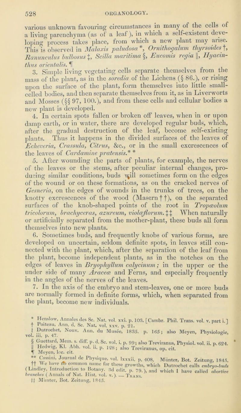 various unknown favouring circumstances in many of the cells ol a living parenchyma (as ol a leaf), in which a self-existent deve- loping process takes place, from which a new plant may aiise. This is observed in Malaxis paludosa*, Ornithocjalum thyrsoides f, Ranunculus bulbosus J, Scilla maritima §, Eucomis regia ||, Hyacin- thus orientalis. IF 3. Simple living vegetating cells separate themselves from the mass of the plant, as in the soredia of the Lichens (§ 86.), or rising upon the surface of the plant, form themselves into little small- celled bodies, and then separate themselves from it, as in Liverworts and Mosses (§§ 97, 100.), and from these cells and cellular bodies a new plant is developed. 4. In certain spots fallen or broken off leaves, when in or upon damp earth, or in water, there are developed regular buds, which, after the gradual destruction of the leaf, become self-existing plants. Thus it happens in the divided surfaces of the leaves of Echeveria, Crassula, Citrus, See., or in the small excrescences of the leaves of Cardamine pratensis* * 5. After wounding the parts of plants, for example, the nerves of the leaves or the stems, after peculiar internal changes, pro- ducing similar conditions, buds Y*ill sometimes form on the edges of the wound or on these formations, as on the cracked nerves of Gesneria, on the edges of wounds in the trunks of trees, on the knotty excrescences of the wood (Maseru f f), on the separated surfaces of the knob-shaped points of the root in TropcBolum tricolorum, brachyceras, azureum, violarflorum. 11 When naturally or artificially separated from the mother-plant, these buds all form themselves into new plants. 6. Sometimes buds, and frequently knobs of various forms, are developed on uncertain, seldom definite spots, in leaves still con- nected with the plant, which, after the separation of the leaf from the plant, become independent plants, as in the notches on the edges of leaves in Bryophyllum calycinum; in the upper or the under side of many Aracece and Ferns, and especially frequently in the angles of the nerves of the leaves. 7. In the axis of the embryo and stem-leaves, one or more buds are normally formed in definite forms, which, when separated from the plant, become new individuals. * Henslow, Annales des Sc. Nat. vol. xxi. p. 103. [Cambr. Phil. Trans, vol. v. part i.1 t Poiteau, Ann. d. Sc. Nat. vol. xxv. p. 21. 1 Diitrocliet, Nouv. Ann. du Musee, 1835. p. 165; also Meyen, Physiologic, § Guettard, Mem. s. dilF. p. d. Sc. vol. i. p. 99; also Treviranus, Physiol, vol. ii. p. 624. || I led wig, Kl. Abh. vol. ii. p. 128; also Treviranus, op. cit. If Meyen, loc. cit. II I/rSSini’ J^rnal de Physi(lue' voL lxxx»- P- 408. Miinter, Bot. Zeitung, 1845. ft We have .fb common name for these growths, which Dutrochet calls embryo-buds (Bindley, Introduction to Botany Sd edit. p. 79.), and which 1 have called abortive branches (Annals of Nat. Hist. vol. v.). Trans. Miinter, Bot. Zeitung, 1845.