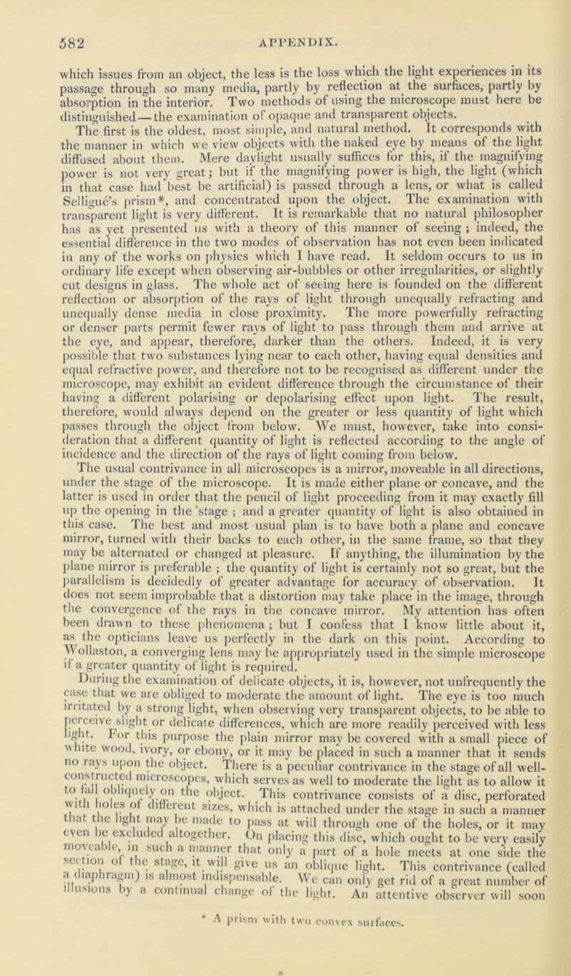which issues from an object, the less is the loss which the light experiences in its passage through so many media, partly by reflection at the surfaces, partly by absorption in the interior. Two methods of using the microscope must here be distinguished — the examination of opaque and transparent objects. The first is the oldest, most simple, and natural method. It corresponds with the manner in which we view objects with the naked eye by means of the light diffused about them. Mere daylight usually suffices for this, if the magnifying power is not very great; but if the magnifying power is high, the light (which in that case had best be artificial) is passed through a lens, or what is called Selligue’s prism*, and concentrated upon the object. The examination with transparent light is very different. It is remarkable that no natural philosopher has as yet presented us with a theory of this manner of seeing ; indeed, the essential difference in the two modes of observation has not even been indicated in any of the works on physics which I have read. It seldom occurs to us in ordinary life except when observing air-bubbles or other irregularities, or slightly cut designs in glass. The whole act of seeing here is founded on the different reflection or absorption of the rays of light through unequally refracting and unequally dense media in close proximity. The more powerfully refracting or denser parts permit fewer rays of light to pass through them and arrive at the eye, and appear, therefore, darker than the others. Indeed, it is very possible that two substances lying near to each other, having equal densities and equal refractive power, and therefore not to be recognised as different under the microscope, may exhibit an evident difference through the circumstance of their having a different polarising or depolarising effect upon light. The result, therefore, would always depend on the greater or less quantity of light which passes through the object from below. We must, however, take into consi- deration that a different quantity of light is reflected according to the angle of incidence and the direction of the rays of light coming from below. The usual contrivance in all microscopes is a mirror, moveable in all directions, under the stage of the microscope. It is made either plane or concave, and the latter is used in order that the pencil of light proceeding from it may exactly fill up the opening in the ’stage ; and a greater quantity of light is also obtained in this case. The best and most usual plan is to have both a plane and concave mirror, turned with their backs to each other, in the same frame, so that they may be alternated or changed at pleasure. If anything, the illumination by the plane mirror is preferable ; the quantity of light is certainly not so great, but the parallelism is decidedly of greater advantage for accuracy of observation. It does not seem improbable that a distortion may take place in the image, through convergence of the rays in the concave mirror. My attention has often the been drawn to these phenomena ; but I confess that I know little about it, as the opticians leave us perfectly in the dark on this point. According to Wollaston, a converging lens may be appropriately used in the simple microscope if a gre-ater quantity of light is required. During the examination of delicate objects, it is, however, not unfrequently the case that we are obliged to moderate the amount of light. The eye is too much irritated by a strong light, when observing very transparent objects, to be able to peiceive slight or delicate differences, which are more readily perceived with less hght. For this purpose the plain mirror may be covered with a small piece of w ute wood, ivory, or ebony, or it may be placed in such a manner that it sends no lays upon the object. There is a peculiar contrivance in the stage of all well- constructed microscopes, which serves as well to moderate the light as to allow it to all obliquely on the object. This contrivance consists of a disc, perforated ud 1 10 es of diffeient sizes, which is attached under the stage in such a manner t at t ie ight may be made to pass at will through one of the holes, or it may tvcn )e exfhided altogether. On placing this disc, which ought to be very easily rno\ea > t, in such a manner that only a part of a hole meets at one side the si i tion o t ie stage, it will give us an oblique light. This contrivance (called a diaphragm) is almost indispensable. We can only get rid of a great number of y a contm,ial change of the light. An attentive observer will illusions soon A prism with two convex surfaces.
