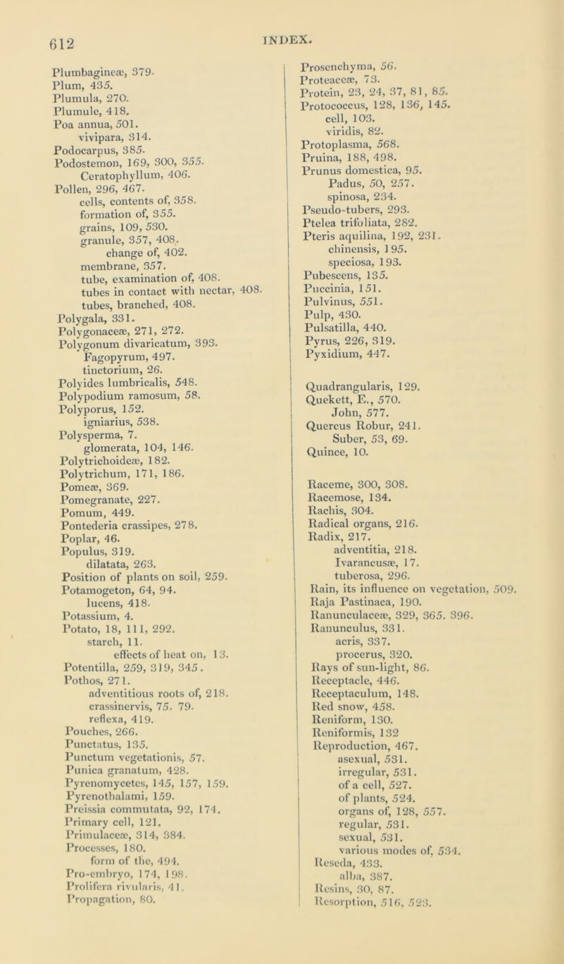 Plumbagineae, 379- Plum, 435. Plumula, 270. Plumule, 418. Poa annua, 501. vivipara, 314. Potlocarpus, 385. Podostemon, 169, 300, 355. Ceratophyllum, 406. Pollen, 296, 467. cells, contents of, 358. formation of, 355. grains, 109, 530. granule, 357, 408. change of, 402. membrane, 357. tube, examination of, 408. tubes in contact with nectar, 408. tubes, branched, 408. Polygala, 331. Polygonaceae, 271, 272. Polygonum divaricatum, 393. Fagopyrum, 497. tinctorium, 26. Polyides lumbricalis, 548. Polypodium ramosum, 58. Polyporus, 152. igniarius, 538. Polysperma, 7. glomerata, 104, 146. Polytrichoideae, 182. Polytrichum, 171, 186. Pome®, 369. Pomegranate, 227. Pomum, 449. Pontederia crassipes, 27 8. Poplar, 46. Populus, 319. dilatata, 263. Position of plants on soil, 259. Potamogeton, 64, 94. lucens, 418. Potassium, 4. Potato, 18, 111, 292. starch, 11. effects of heat on, 13. Potentilla, 259, 319, 345. Pothos, 271. adventitious roots of, 218. crassinervis, 75. 79. reflexa, 419. Pouches, 266. Punctatus, 135. Punctum vegetationis, 57. Punica granatum, 428. Pyrenomycetes, 145, 157, 159. Pyrenothalami, 159. Preissia commutata, 92, 174. Primary cell, 121. Primulace®, 314, 384. Processes, 180. form of the, 494. Pro-embryo, 174, 198. Prolifera rivularis, 41. Propagation, 80. Prosenehyma, 56. Proteace®, 73. Protein, 23, 24, 37, 81, 85. Protococcus, 128, 136, 145. cell, 103. viridis, 82. Protoplasma, 568. Pruina, 188, 498. Prunus domestica, 95. Padus, 50, 257. spinosa, 234. Pseudo-tubers, 293. Ptelea trifoliata, 282. Pteris aquilina, 192, 231. chinensis, 1 95. speciosa, 193. Pubescens, 135. Puccinia, 151. Pulvinus, 551. Pulp, 430. Pulsatilla, 440. Pyrus, 226, 319. Pyxidium, 447. Quadrangularis, 129. Quekett, E., 570. John, 577. Quercus Robur, 241. Suber, 53, 69. Quince, 10. Raceme, 300, 308. Racemose, 134. Rachis, 304. Radical organs, 216. Radix, 217. adventitia, 218. Ivarancus®, 17. tuberosa, 296. Rain, its influence on vegetation, 509. Raja Pastinaca, 190. Itanunculace®, 329, 365. 396. Ranunculus, 331. acris, 337. procerus, 320. Rays of sun-light, 86. Receptacle, 446. Receptaculum, 148. Red snow, 458. Reniform, 130. Reniformis, 132 Reproduction, 467. asexual, 531. m 7 irregular, 531. of a cell, 527. of plants, 524. organs of, 128, 557. regular, 531. sexual, 531. various modes of, 534. Reseda, 433. alba, 387. Resins, 30, 87. Resorption, 516, 523.