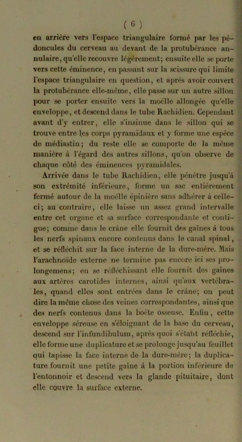 en arrière vers l’espace triangulaire Ibrnié par les pé- doncules du cerveau au devant de la protubérance an- nulaire, qu’elle recouvre légèrement; ensuite elle sejwrte vers cette éminence, en passant sur la scissure qui limite l’espace triangulaire en question, et après avoir couvert la protubérance elle-même, elle passe sur un autre sillon pour se porter ensuite vers la rnoélle allongée qu’elle enveloppe, et descend dans le tube Rachidien. Cependant avant d’y entrer, elle s’insinue dans le sillon qui se trouve entre les cor[)s pyramidaux et y forme une espèce de médiastin; du reste elle se comporte de la même manière à l’égard des autres sillons, qu’on observe de chaque coté des éminences pyramidales. Arrivée dans le tube Rachidien, elle pénètre jusqu’à son extrémité inférieure, forme un sac entièrement fermé autour de la nioélle épinière sans adhérer à celle- ci; au contraire, elle lai.sse un assez grand intervalle entre cet organe et sa surface correspondante et conti- guë; comme dans le crâne elle fournit des gaines à tous les nerfs spinaux encore contenus dans le canal .spinal, et se réfléchit sur la face interne de la dure-mère. Mais rarachnoïde externe ne termine ])as encore ici .ses pro- longemens; en .se réfléchissant elle fournit des gaines aux artères carotides internes, ainsi qu'aux vertébra- les, quand elles .sont entrées dans le crâne; on peut dire la même chose des veines correspondantes, ainsi que des nerfs contenus dans la boéte os.seusc. Enlin, cette enveloppe .séreuse en .s’éloignant de la ba.se du cerveau, de.scend .sur l’infundibuluiu, après quoi .s’étatit réfléchie, elle forme une dufdicature et se prolonge ju.squ’au feuillet qui tapisse la face interne de la dure-mère; la duplica- ture fournit une petite gaine à la portion inférieure de l’entonnoir et de.scend vers la glande pituitaire, dont clic couvre la surface externe.