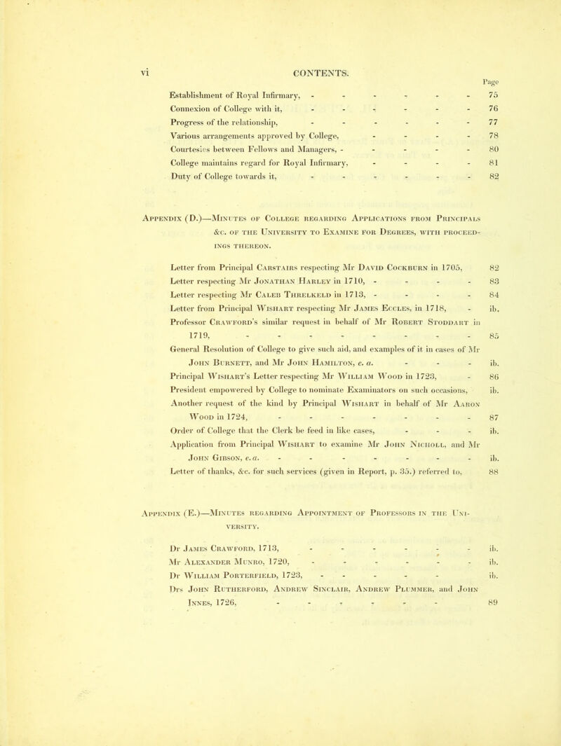 Page Establishment of Royal Infirmary, - - - - - - 75 Connexion of College with it, - - - - - - 76 Progress of the relationship, - - - - - - 77 Various arrangements approved by College, - - - 78 Courtesies between Fellows and Managers, - - - - - 80 College maintains regard for Royal Infirmary, - - - - 81 Duty of College towards it, 82 Appendix (D.)—Minutes of College regarding Applications from Principals &c. of the University to Examine for Degrees, with proceed- ings THEREON. Letter from Principal Carstairs respecting Mr David Cock burn in 1705, 82 Letter respecting Mr Jonathan Harley in 1710, - - - - 83 Letter respecting Mr Caleb Tiirelkeld in 1713, - - - - 84 Letter from Principal Wisliart respecting Mr James Eccles, in 1718, - ib. Professor Crawford’s similar request in behalf of Mr Robert Stoddart in 1719, 85 General Resolution of College to give sucli aid, and examples of it in cases of Mr John Burnett, and Mr John Hamilton, e. a. - - - ib. Principal Wishart’s Letter respecting Mi' William Wood in 1723, - 86 President empowered by College to nominate Examinators on such occasions, ib. Another request of the kind by Principal Wishart in behalf of Mr Aaron Wood in 1724, ------- 87 Order of College that the Clerk be feed in like cases, ... jfi. Application from Principal Wishart to examine Mr John Niciioll, and Mr John Gibson, e. a. - - - - - - ib. Letter of thanks, &c. for such services (given in Report, p. 35.) referred to, 88 Appendix (E.)—Minutes regarding Appointment of Professors in the Uni- versity. Dr James Crawford, 1713, - - - - - - ib. Mr Alexander Munro, 1720, ------ ifi. Dr William Porterfield, 1723, ----- ib. Drs John Rutherford, Andrew Sinclair, Andrew Plummer, and John Innes, 1726, 89