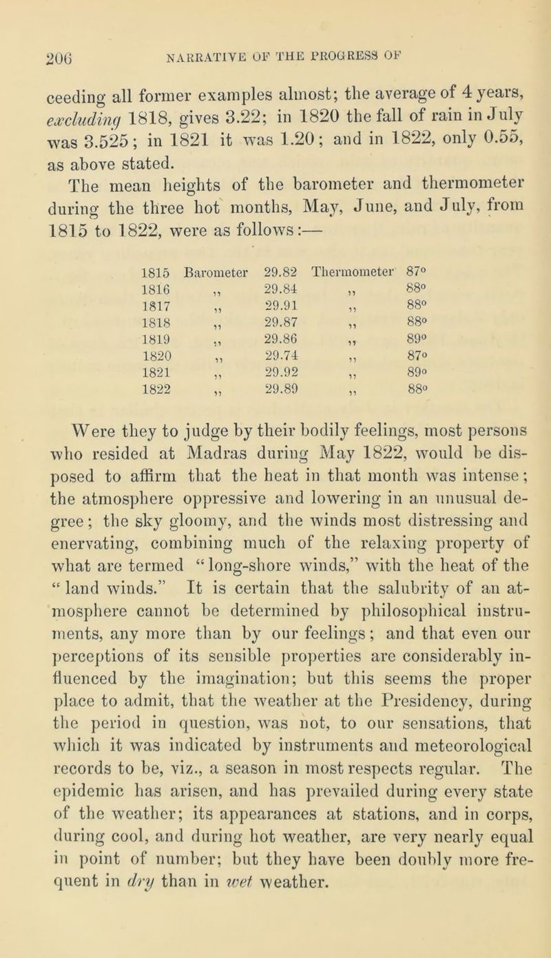 ceeding all former examples almost; the average of 4 years, excluding 1818, gives 3.22; in 1820 the fall of rain in July was 3.525; in 1821 it was 1.20; and in 1822, only 0.55, as above stated. The mean lieights of the barometer and thermometer during the three hot months. May, June, and July, from 1815 to 1822, were as follows:— 1815 Barometer 29.82 Tliermometer 00 O 1816 M 29.84 11 88» 1817 29.91 11 88° 1818 11 29.87 11 880 1819 11 29.86 11 890 1820 11 29.74 11 870 1821 11 29.92 11 89o 1822 11 29.89 11 880 Were they to judge by their bodily feelings, most persons who resided at Madras during May 1822, would be dis- posed to affirm that the heat in that month was intense; the atmosphere oppressive and lowering in an unusual de- gree ; the sky gloomy, and the winds most distressing and enervating, combining much of the relaxing property of what are termed “ long-shore winds,” with the heat of the “ land winds.” It is certain that the salubrity of an at- mosphere cannot be determined by philosophical instru- ments, any more than by our feelings; and that even our perceptions of its sensible properties are considerably in- fluenced by the imagination; but this seems the proper place to admit, that the weather at the Presidency, during tlie period in question, was not, to our sensations, that which it was indicated by instruments and meteorological records to be, viz., a season in most respects regular. The epidemic has arisen, and has prevailed during every state of the weather; its appearances at stations, and in corps, during cool, and during hot weather, are very nearly equal in point of number; but they have been doubly more fre- quent in dry than in wet weather.