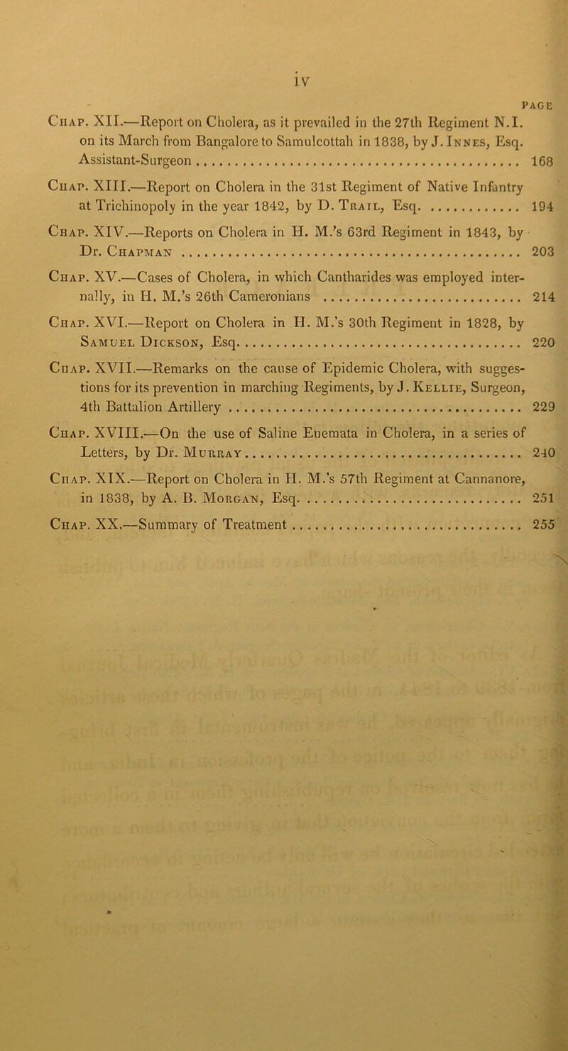 PAGE Ciiap. XII.-—Report on Cholera, as it prevailed in the 27th Regiment N.I. on its March from Bangalore to Samulcottah in 1838, by J.Innes, Esq. Assistant-Surgeon 168 Chap. XIII.—Report on Cholera in the 31st Regiment of Native Infantry at Trichinopoly in the year 1842, by D. Trail, Esq 194 Chap. XIV.—Reports on Cholera in H. M.’s 63rd Regiment in 1843, by Dr. Chapman 203 Chap. XV.—Cases of Cholera, in which Cantharides was employed inter- nally, in II. M.’s 26th Cameronians 214 Chap. XVI.—Report on Cholera in H. M.’s 30th Regiment in 1828, by Samuel Dickson, Esq 220 Chap. XVII.—Remarks on the cause of Epidemic Cholera, with sugges- tions for its prevention in marching Regiments, by J. Kellie, Surgeon, 4th Battalion Artillery 229 Chap. XVIII.—On the use of Saline Enemata in Cholera, in a series of Letters, by Dr. Murray 240 Ciiap. XIX.—Report on Cholera in H. M.’s 57th Regiment at Cannanore, in 1838, by A. B. Morgan, Esq 251 Ciiap. XX.—Summary of Treatment 255 N ■