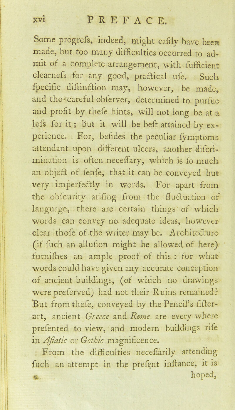 Some progrefs, indeed, might cafily have bees made, but too many difficulties occurred to ad- mit of a complete arrangement, with fufficient clearnefs for any good, pradlical ufe. Such fpecific diftindtion may, however, be made, and themareful obferver, determined to purfue and profit by thefe hints, will not long be at a lofs for it; but it will be befi: attained-by ex- perience. For, befides the peculiar lymptoms attendant upon different ulcers, another difcri- mination is often neceffary, which is fo much an objedl of fenfe, that it can be conveyed but very imperfectly in words. For apart from the obfcurity arifing from the fluduation of language, there are certain things' of which words can convey no* adequate ideas, however clear thofe of the writer may be. Architecture (if fuch an allufion might be allowed of here} furnifhes an ample proof of this : for what words could have given any accurate conception of ancient buildings, (of which no drawings were prefervedj had not their Ruins remained? But from thefe, conveyed by the Pencil’s fifter- art, ancient Greece and Rome are every where prefented to view, and modern buildings rife in j^Jiatic or Gothic magnificence. From the difficulties necelfarlly attending fuch an attempt in the prefent inflance, it is hoped,