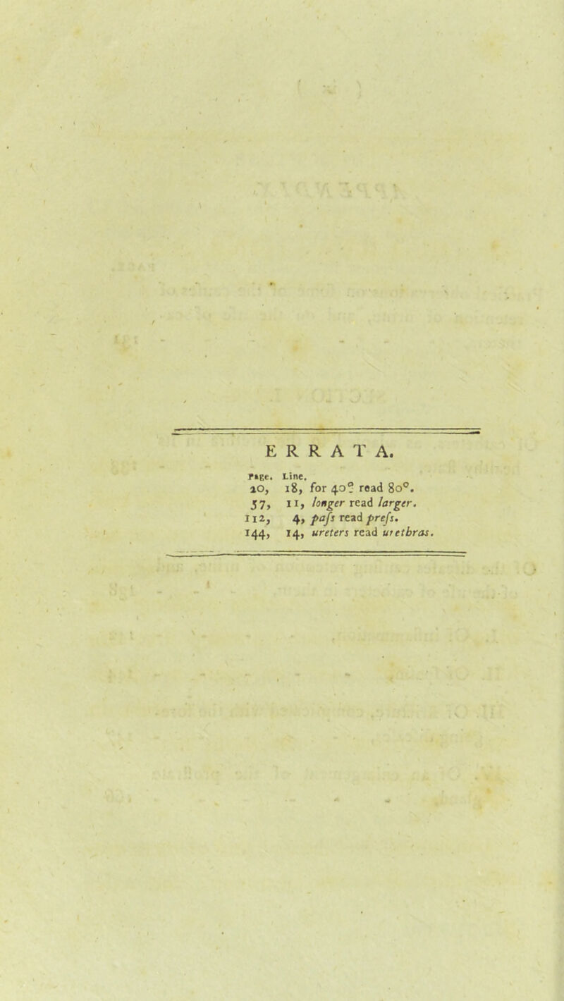 ERRATA. fige. Line. lO, i8, for 40“ read 80°. 57, II, longer read larger, 112, 4, pafs read prefs, 144, 14, ureters read urethras.