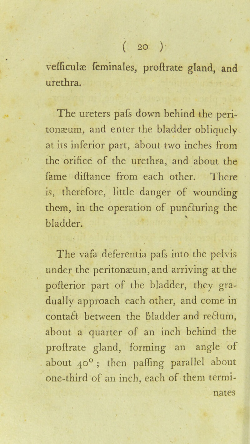 f vefliculae feminales, proftrate gland, and urethra. The ureters pafs down behind the peri- tonaeum, and enter the bladder obliquely at its inferior part, about two inches from the orifice of the urethra, and about the fame diftance from each other. There is, therefore, little danger of wounding them, in the operation of punfturing the bladder. The vafa deferentia pafs into the pelvis under the peritonaeum, and arriving at the pofterior part of the bladder, they gra- dually approach each other, and come in contact between the bladder and re61um, about a quarter of an inch behind the proftrate gland, forming an angle of about 40*^; then pafling parallel about one-third of an inch, each of them termi- nates