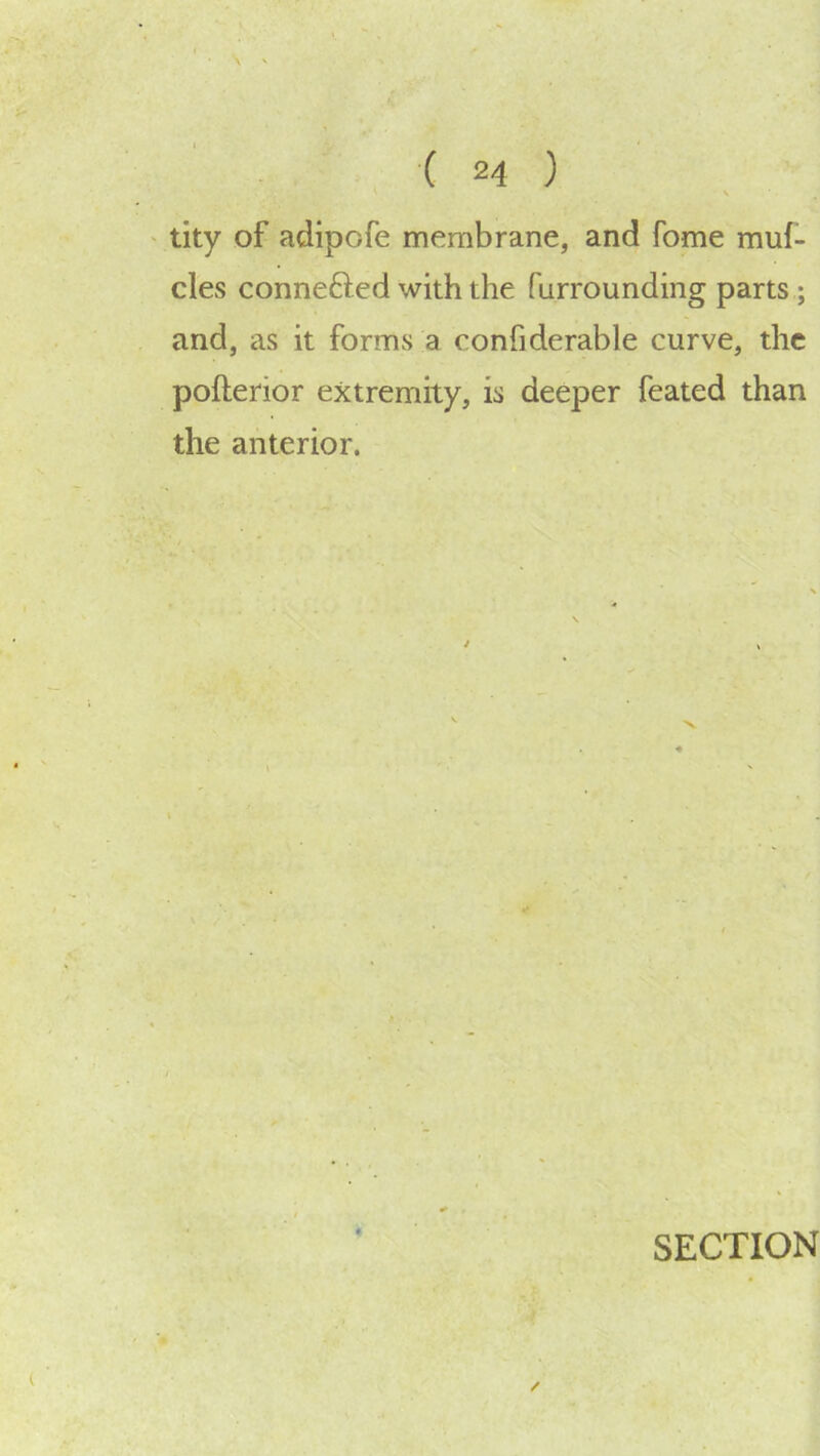 \ tity of adipofe membrane, and fome muf- cles connefted with the furrounding parts ; and, as it forms a confiderable curve, the poflerior extremity, is deeper feated than the anterior. SECTION '4' /