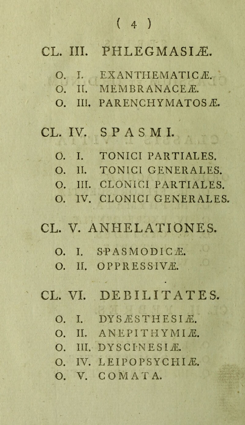 CL. III. PHLEGMASIA. o. I. EXANTHEMATICiE. o. n. MEMBRANACE^. o. III. PARENCHYMATOSiE. CL. IV. S P A S M I. o. I. TONICI PARTIALES. o. 11. TONIGl GENERALES. o. m. CLONICI PARTIALES. o. IV. CLONIC! GENERALES, CL. V. ANHELATIONES. o. I. STASMODIC.E. o. II. OPPRESSIVJi. CL. VI. DEBILITATES. 0. I. DYSiESTHESIjE. o. II. ANEPITHYMIiE. o. HI. DYSCINESIjE. o. IV. LEIPOPSYCPIIiE.