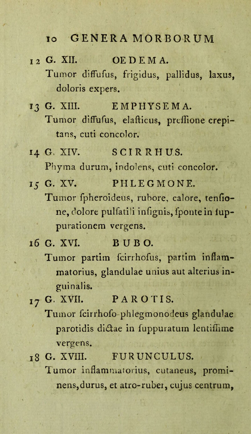 12 G. XII. OEDEMA. Tumor diffufus, frigidus, pallidus, laxus, doloris expers. 13 G. XIII. EMPHYSEMA. Tumor diffufus, elafticus, prcITione crepi- tans, cuti concolor. 14 G. XIV. S Cl R RHUS. Phyma durum, indolens, cuti concolor. 15 G. XV. PHLEGMONE. Tumor fpheroideiis, rubore, calore, tenfio- ne, c’olore pulfatili infignib, fpoiite in lup- purationem vergens. 16 G. XVI. BUBO. I Tumor partim fcirrhofus, partim inflam- matorius, glandulae unius aut alterius in- guinalis. 17 G. XVII. PAR OTIS. Tumor fcirrhofo-phlegmonodeus glandulae parotidis didae in fuppuratum lentiffimc vergens. 18 G. XVIII. FURUNCULUS. Tumor inflammatorius, cutaneus, promi- nensjdurus, et atro-rubei, ciijus centrum.