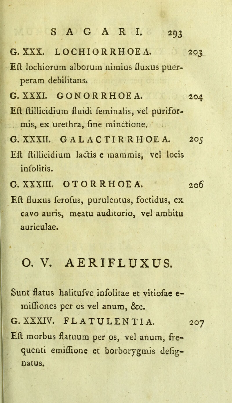 G. XXX. LOCHIORRHOEA. 203 Eft lochiorum alboruin nimius fluxus puer- peram debilitans. G. XXXI. GONORRHOEA. 204 Eft ftillicidiuin fluidi feminalis, vel purlfor- mis, ex urethra, fine mintlione. G.XXXII. G ALACTIRRHOEA. 205 Eft ftillicidium ladis e inammis, vel locis infolitis. G. XXXIII. OTORRHOEA. 206 Eft fluxus ferofus, purulentus, foetidus, ex cavo auris, meatu auditorio, vel ambitu auriculae. O. V. AERIFLUXUS. Sunt flatus halitufve infolitae et vitiofae e- milflones per os vel anum, &c. G. XXXIV. FLATULENTIA. 207 Eft morbus flatuum per os, vel anum, fre- quent! emiflione et borborygmis defig- natus.