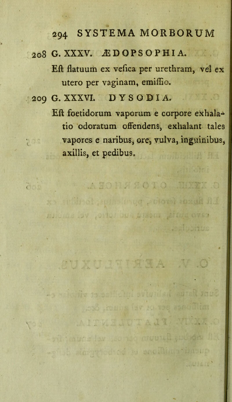 aoSG.XXXV. JSDOPSOPHIA. Eft flatuum ex vefica per urethram, vel ex utero per vaginam, emiftio. 209 G. XXXVI. D Y S O D I A. Eft foetidorum vaporum e corpore exhala- tio odoratum offendens, exhalant tales vapores e naribus, ore, vulva, inguinibus, axillis, et pedibus.