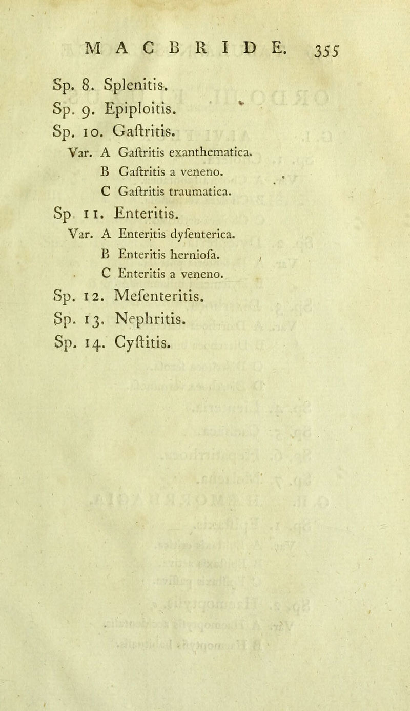 Sp. 8. Splenitis. Sp. 9, Epiploitis. Sp. 10. Gaftritis. Var. A Gaftritis exanthematica. B Gaftritis a veneno. C Gaftritis traumatica. Sp II. Enteritis. Var. A Enteritis dyfenterica. B Enteritis herniofa. C Enteritis a veneno. Sp. 12. Mefenteritis. Sp. 13. Nephritis.