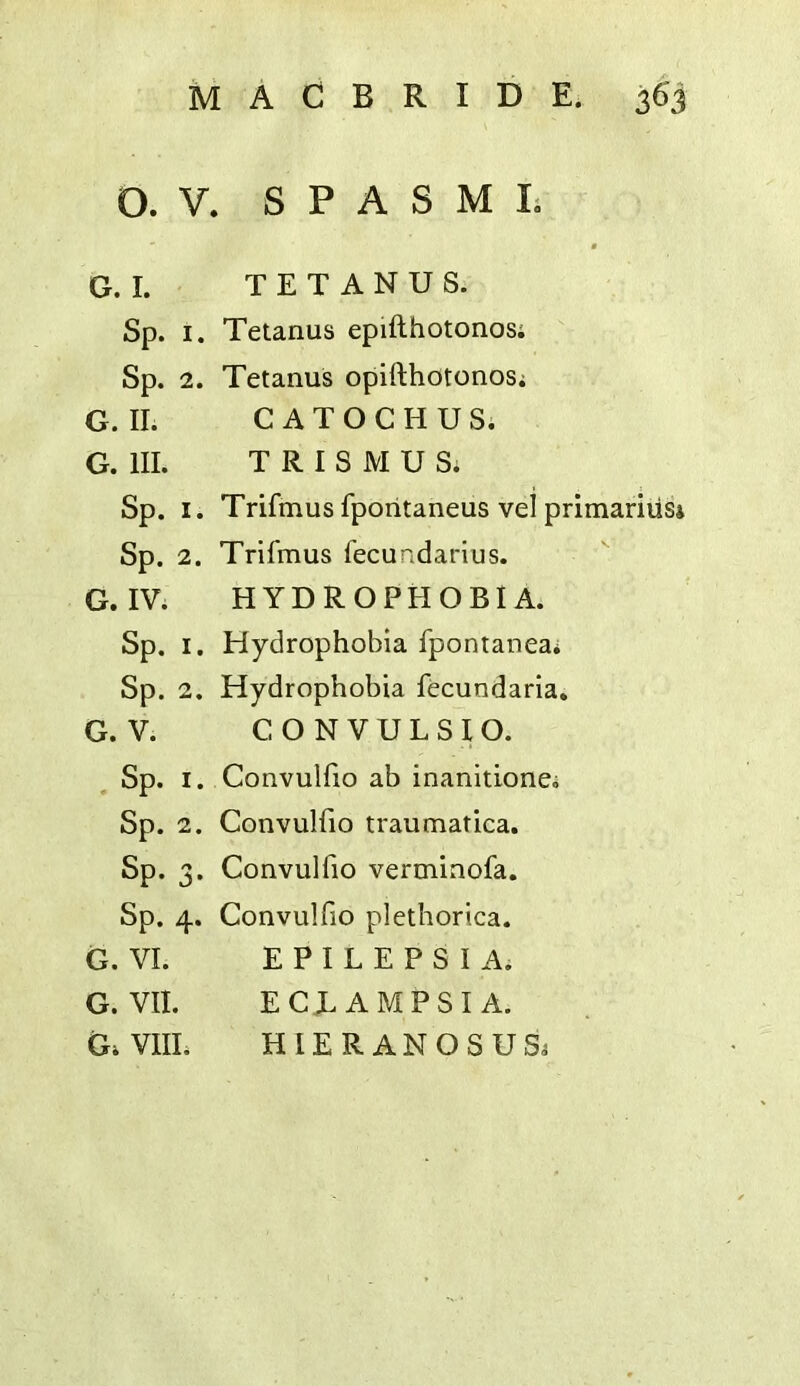 O. V. S P A S M li G. I. TETANUS. Sp. i. Tetanus epifthotonosi Sp. 2. Tetanus opifthotonos; G. II. C A T O C H U S. G. III. TRISMUS; Sp. I. Trifmus fporitaneus vel primariiiSi Sp. 2. Trifmus fecundarius. G.IV; HYDROPHOBIA. Sp. I. Hydrophobia fpontanea* Sp. 2. Hydrophobia fecundaria. G. V. C O N V U L S IO. Sp. I. Convulflo ab inanitione; Sp. 2. Convulflo traumatica. Sp. 3. Convulflo verminofa. Sp. 4. Convulflo plethorica. G. VI. EPILEPSIA. G.VII. ECLAMPSIA. G; VIIL HIE RAN OS US;