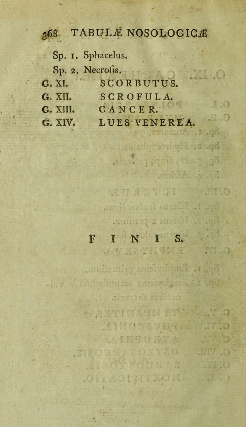 Sp. I. Sphacelus. Sp. 2. Necrofis. G. XI. SCORBUTU'! G. XII. SCROFULA. G. XIII. CANCER. G. XIV. LUES VENEREA. F I N I S.