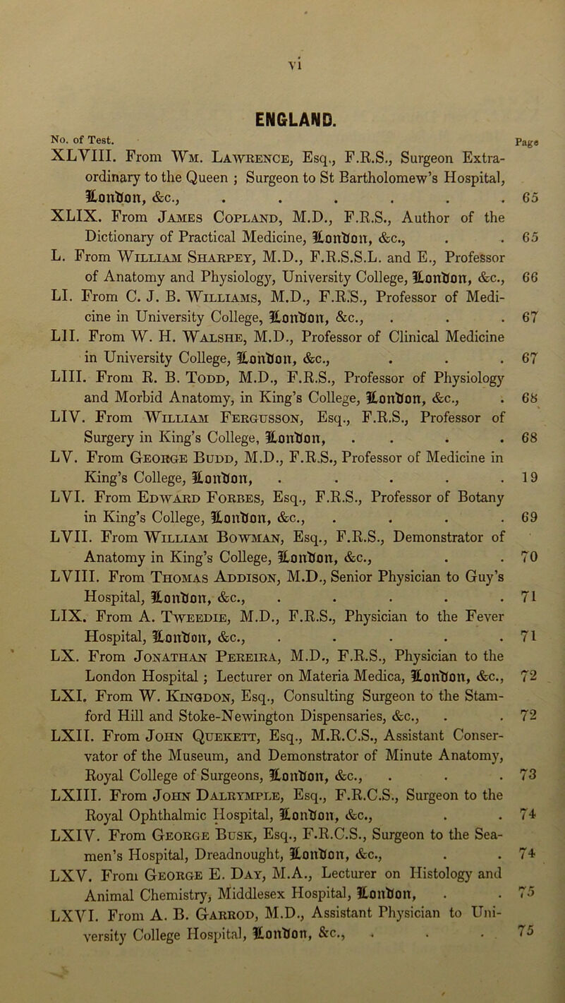 ENGLAND. No. of Test. Page XLVIII. From Wm. La-sveence, Esq., F.R.S., Surgeon Extra- ordinary to the Queen ; Surgeon to St Bartholomew’s Hospital, HonHon, &c., . . . . . .65 XLIX. From James Copland, M.D., F.R.S., Author of the Dictionary of Practical Medicine, HontJon, &c., . .65 L. From William Sharpet, M.D., F.R.S.S.L. and E., Professor of Anatomy and Physiology, University College, ILonUon, &c., 66 LI. From C. J. B. Williams, M.D., F.R.S., Professor of Medi- cine in University College, iConlJon, &c., . . .67 Lll. From W. H. Walshe, M.D., Professor of Clinical Medicine in University College, HohKou, &c., . . .67 LIII. From R. B. Todd, M.D., F.R.S., Professor of Physiology and Morbid Anatomy, in King’s College, itontJon, &c., . 68 LIV. From William Fergusson, Esq., F.R.S., Professor of Surgery in King’s College, HonUon, . . . .68 LV. From George Budd, M.D., F.R.S., Professor of Medicine in King’s College, ilmitJon, . . . . .19 LVI. From Edward Forbes, Esq., F.R.S., Professor of Botany in King’s College, HontJon, &c., . . . .69 LVII. From William Bowman, Esq., F.R.S., Demonstrator of Anatomy in King’s College, HonUon, &c., . .70 LVIII. From Thomas Addison, M.D., Senior Physician to Guy’s Hospital, HontJon, &c., . . . . .71 LIX. Prom A. Tweedie, M.D., F.R.S., Physician to the Fever Hospital, Hontlon, &c., . . . . .71 LX. From Jonathan Pereira, M.D., F.R.S., Physician to the London Hospital; Lecturer on Materia Medica, IContlon, &c., 72 LXI. From W. Kinqdon, Esq., Consulting Surgeon to the Stam- ford Hill and Stoke-Newington Dispensaries, &c., . . 72 LXI I. From John Quekett, Esq., M.R.C.S., Assistant Conser- vator of the Museum, and Demonstrator of Minute Anatomy, Royal College of Surgeons, HonUon, «fec., . . .73 LXIII. From John Dalrymple, Esq., F.R.C.S., Surgeon to the Royal Ophthalmic Hospital, HouUon, &c., . .74 LXIV. From George Busk, Esq., F.R.C.S., Surgeon to the Sea- men’s Hospital, Dreadnought, iCoutlon, &c., . .74 LXV. From George E. Day, M.A., Lecturer on Histology and Animal Chemistry, Middlesex Hospital, ICoiilJon, LXVI. From A. B. Garrod, M.D., Assistant Physician to Uni- versity College Hospital, JLoitUott, &c., 75