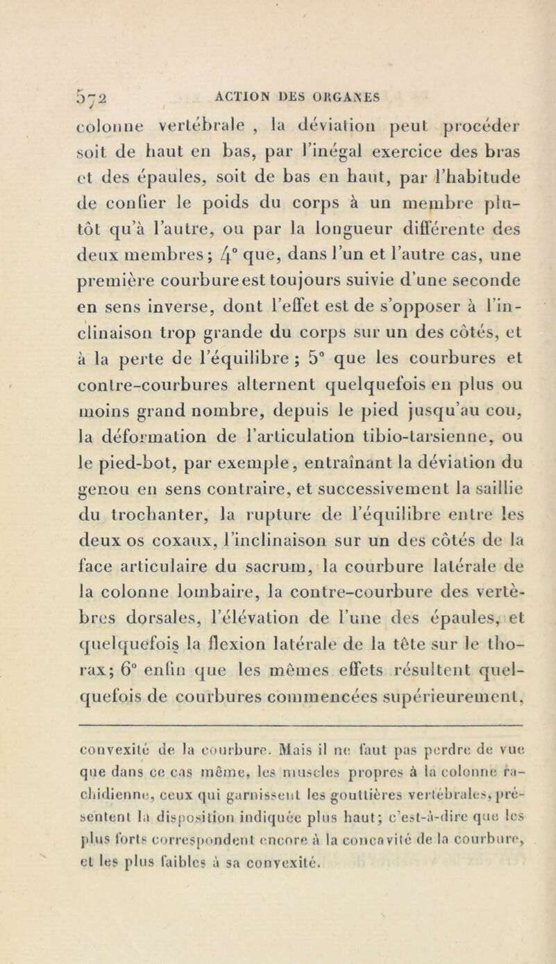 colonne vertébrale , la déviation peut procéder soit de haut en bas, par l’inégal exercice des bras et des épaules, soit de bas en haut, par l’habitude de confier le poids du corps à un membre plu- tôt qu’à l’autre, ou par la longueur différente des deux membres ; 4° que, dans l’un et l’autre cas, une première courbure est toujours suivie d’une seconde en sens inverse, dont l’effet est de s’opposer à l’in- clinaison trop grande du corps sur un des côtés, et à la perte de l’équilibre ; 5° que les courbures et contre-courbures alternent quelquefois en plus ou moins grand nombre, depuis le pied jusqu’au cou, la déformation de l’articulation tibio-tarsienne, ou le pied-bot, par exemple, entraînant la déviation du genou en sens contraire, et successivement la saillie du trochanter, la rupture de l’équilibre entre les deux os coxaux, l’inclinaison sur un des côtés de la face articulaire du sacrum, la courbure latérale de la colonne lombaire, la contre-courbure des vertè- bres dorsales, l’élévation de l’une des épaules, et quelquefois la flexion latérale de la tête sur le tho- rax; 6° enfin que les mêmes effets résultent quel- quefois de courbures commencées supérieurement, convexité de la courbure. Mais il ne faut pas perdre de vue que dans ce cas même, les muscles propres à la colonne ra- chidienne, ceux qui garnissent les gouttières vertébrales, pré- sentent la disposition indiquée plus haut; c’est-à-dire que les plus forts correspondent encore à la concavité de la courbure, et les plus faibles à sa convexité. \