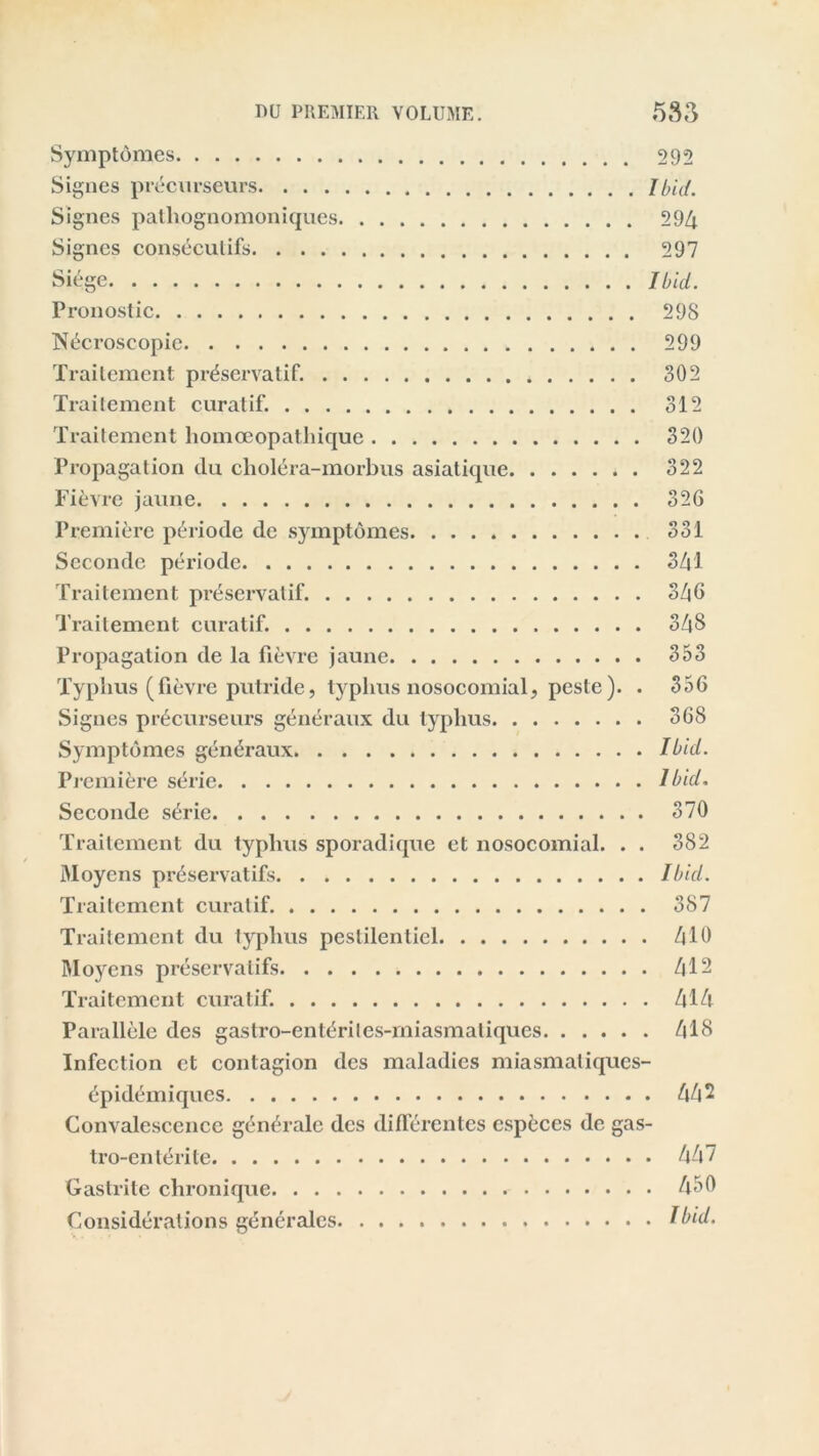 Symptômes 292 Signes précurseurs Ibid. Signes pathognomoniques 294 Signes consécutifs 297 Siège Ibid. Pronostic 298 Nécroscopie 299 Traitement préservatif. 302 Traitement curatif. 312 Traitement homœopathiquc 320 Propagation du choléra-morbus asiatique 322 Fièvre jaune 326 Première période de symptômes 331 Seconde période 341 Traitement préservatif. 346 Traitement curatif. 348 Propagation de la fièvre jaune 353 Typhus (fièvre putride, typhus nosocomial, peste). . 356 Signes précurseurs généraux du typhus. . . 368 Symptômes généraux Ibid. Première série Ibid. Seconde série 370 Traitement du typhus sporadique et nosocomial. . . 382 Moyens préservatifs Ibid. Traitement curatif 387 Traitement du typhus pestilentiel 410 Moyens préservatifs 412 Traitement curatif. 414 Parallèle des gastro-entérites-miasmatiques 418 Infection et contagion des maladies miasmatiques- épidémiques 442 Convalescence générale des différentes espèces de gas- tro-entérite 447 Gastrite chronique 450 Considérations générales Ibid.