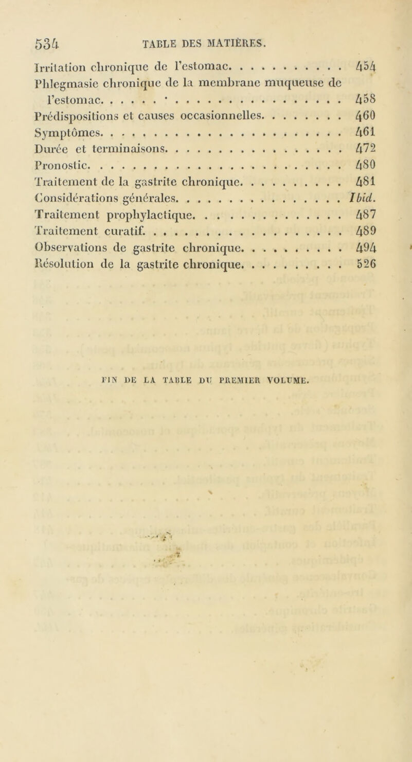 Irritation chronique de l’estomac 454 Phlegmasie chronique de la membrane muqueuse de l’estomac * 458 Prédispositions et causes occasionnelles 460 Symptômes 461 Durée et terminaisons 472 Pronostic 480 Traitement de la gastrite chronique 481 Considérations générales Ibicl. Traitement prophylactique 487 Traitement curatif. 489 Observations de gastrite chronique 494 Résolution de la gastrite chronique 526 J IN 1)E LA TABLE DD PREMIER VOLUME. X 7