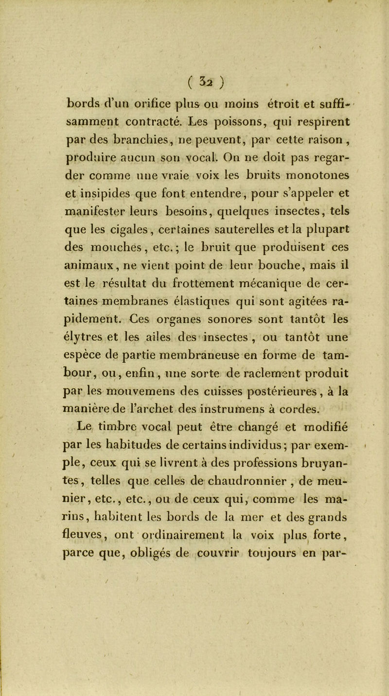 ' I ' ( ) / bords d’un orifice plus ou moins étroit et suffi- samment contracté. Les poissons, qui respirent par des branchies, ne peuvent, par cette raison , produire aucun son vocal. On ne doit pas regar- der comme une vraie voix les bruits monotones et insipides que font entendre, pour s’appeler et manifester leurs besoins, quelques insectes, tels que les cigales, certaines sauterelles et la plupart des mouches, etc. ; le bruit que produisent ces animaux, ne vient point de leur bouche, mais il est le résultat du frottement mécanique de cer- taines membranes élastiques qui sont agitées ra- pidement. Ces organes sonores sont tantôt les élytres et les ailes des insectes , ou tantôt une espèce de partie membraneuse en forme de tam- bour, ou, enfin, une sorte de raclement produit par les mouvemens des cuisses postérieures, à la manière de l’archet des instrumens à cordes. Le timbre vocal peut être changé et modifié par les habitudes de certains individus; par exem- ple, ceux qui se livrent à des professions bruyan- tes, telles que celles de chaudronnier , de meu- nier, etc., etc., ou de ceux qui, comme les ma- rins, habitent les bords de la mer et des grands fleuves, ont ordinairement la voix plus forte, parce que, obligés de couvrir toujours en par- /