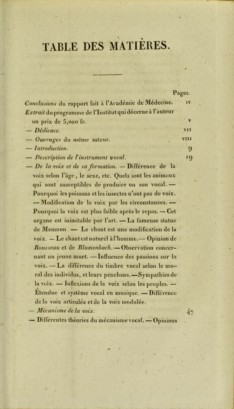 TABLE DES MATIERES. Pages. Conclusions du rapport fait h l’Académie de Médecine. Extrait du programme de l’Institut qui décerne a 1 auteur un prix de 5,ooo fr. — Dédicace. — Ouvrages du même auteur. — Introduction. — Description de ïinstrument vocal. — De la voix et de sa formation. — Différence de la voix selon l’âge , le sexe, etc. Quels sont les animaux qui sont susceptibles de produire un son vocal. —- Pourquoi les poissons et les insectes n’ont pas de voix. — Modification de la voix par les circonstances. — Pourquoi la voix est plus faible après le repas. — Cet organe est inimitable par l’art. — La fameuse statue de Memnon — Le chant est une modification de la voix. — Le chant est naturel àl’homme.— Opinion de Rousseau et de Blumenbach. — Observation concer- nant un jeune muet. —Influence des passions sur la voix.—La différence du timbre vocal selon le mo- ral des individus, et leurs penchans.— Sympathies de la voix. — Inflexions de la voix selon les peuples. — Etendue et système vocal en musique. —Différence i de la voix articulée et de la voix modulée. — Mécanisme de la voix. — Différentes théories du mécanisme vocal. — Opinions IV ' V vu vm 9 >9 47