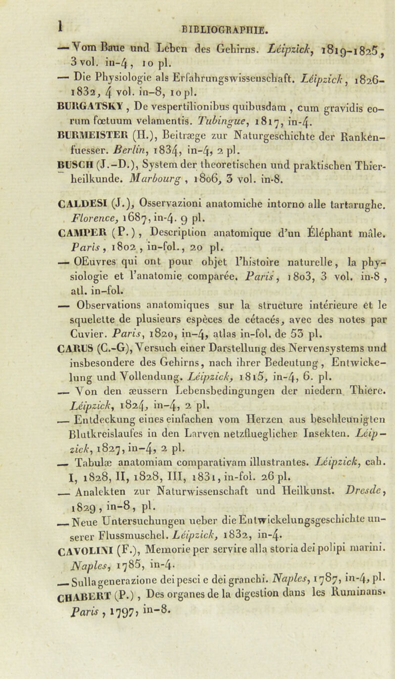 1 BIBLIOGBÀPIIIE. — VomBaue und Lebcn des Gehirns. Léipzlckj iSig-iSaS, 3 vol. in-4 , 10 pl. — Die Physiologie als ErCahrungswissenschaft. Léipzick, 1826- 1882, 4 vol. in-8, lopl. BUllGATSKY , De vespertilionibus quibnsdara , cum gravidis eo- rum fœtuum velamentis. Tubingue, iSi'j, in*4. BLRMEISTER (H.)j Beitræge zur Naturgescbichte der Ranken- f’uesser. Berlin, i834, in~4j 2pl. BLSCH (J.-D.), System der lheoretischen und praktischen Thier- beilkunde. Marbourg , 1806, 3 vol. in-8. CALDESI (J.), Osservazioni anatomicbe intorno aile tartarughe. Florence, 1687,10-4. 9 pl. CAMPER (P.), Description anatomique d’un Éléphant mâle. Paris , 1802 , in-fol., 20 pl. — OEuvres qui ont pour objet l’histoire naturelle, la phy- siologie et l’anatomie comparée. Paris, i8o3, 3 vol. in-8, ail. in-fol. — Observations anatomiques sur la structure intérieure et le squelette de plusieurs espèces de cétacés, avec des notes par Cuvier. Paris, 1820, in-4j atlas in-fol. de 53 pl. GARES (C.-G), Versuch einer Darstellung des Nervensystems und insbesondere des Gehirns, nach ihrer Bedeutung, Entwicke- lung und Vollendung. Lcipzick, i8i5, in-4, P^* — Von den æussern Lebensbedingungen der niedern Thiere. Léipzick, 1824, in-4, 2 pl. Entdeckung eines einfachen vom Herzen aus beschleuniglen Blutkreislaufes in den Larven netzûueglicher Insekten. Léip- zick, 1827, in-4, 2 pl- — Tabulæ anatomiam comparativam illustrantes. Léipzick, c&h, I, 1828, II, 1828, III, 1831, in-fol. 26 pl. Analekten zur Naturwissenschaft und Heilkunst. Dresde, 1829 , in-8, pl. Neue Untersuchungen ueber dieEntvrickelungsgeschichte un- serer Flussmuschel. LeijazicA-, 1882, in~4- CAVOUXI (F.), Memorieper servire alla storia dei polipi inarini. Naples, 1785, in-4. Sullagenerazione deipescie deigranchi. Naples, 1787, in-4, pl- CHABERT (P.), Bes organes de la digestion dans les Rurainans. Paris, 1797?