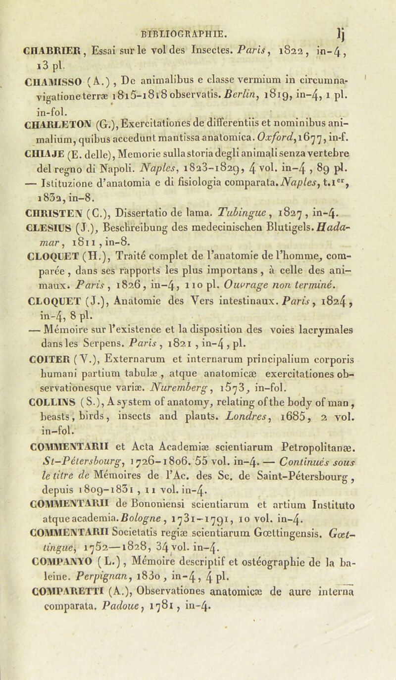 CIIABRIER, Essai sur le vol des Insectes. Pfl7-«V, 1822, in-4, i3 pl. CIIAMISSO (Â.) , De animalibus e classe vermium in circuinna- vigationeterræ 18i5-i8i8observatis. 1819, in-4, ^ p'* in-fol. CHARLETOM (G.), Exercitationes de differentiis et nominibus ani- mal ium, quibus acceduntmantissaanatomica.Ox/orc?,i6'j7,in-f. CHL\ JE (E. delle), Memorie sulla storia degli animali senza vertebre delregno di Napoli. Naples, 1823-1829, 4 vol. in~4,89 pl. — Islituzione d’anatomia e di fisiologia coraparata.iVap/ej, t.l®', 183a,in-8. CHRISTEN (G.), Dissertatio de lama. Tiihingue, 1827, in-4. CLESIUS (J.), Bescbreibung des medeciniscben Blutigels.ffaJfl- mar, 1811, in-8. CLOQEET (H.), Traité complet de l’anatomie de l’iiorame, com- parée , dans ses rapports les plus importans, à celle des ani- maux. Paris, 1826, in-4, no pl. Ouvrage non terminé. CLOQUET (J.), Anatomie des Vers intestinaux. Parw, 1824, in-4, ^ — Mémoire sur l’existence et la disposition des voies lacrymales dans les Serpens. Paris, 1821 , in-4 , pl. coïter (V.), Externarum et internarum principalium corporis bumani partium tabulæ , atque anatomicæ exercitationes ob- servationesque variæ. Nuremberg, i573, in-fol. COLLIÎVS ( S.), A System of anatomy, relating ofthe body of man, beasts, birds, insects and plants. Londres, i685, 2 vol. in-fol. COAIMENTARII et Acta Academiæ scientiarum Petropolitanæ. Sl-Pélersbourg, 1726-1806. 55 vol. in-4. — Continués sous le titre de Mémoires de l’Ac. des Sc. de Saint-Pétersbourg, depuis 1809-1831 , Il vol. in-4. COMMENTARII de Bononiensi scientiarum et artium Instituto atque academia., 1731-1791, 10 vol. in-4. COMMEIVTARII Societatis regiæ scientiarum Gœttingensis. Gœt- tingue, 1762—1828, 34 vol. in-4. COMJLANYO (L.), Mémoire descriptif et osléographie de la ba- leine. Perpignan, i83o, in-4, 4 P^* COMPARETTI (A.), Observationes anatomicx de aure interna coinparata. Padouej 1781, in-4.