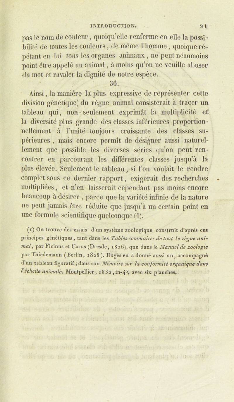 pas le nom de couleur, quoiqu’elle renferme en elle la possi- bilité de toutes les couleurs, de même l’homme, quoique ré- pétant en lui tous les organes animaux, ne peut néanmoins point être appelé un animal, à moins qu’on ne veuille abuser du mol et ravaler la dignité de notre espèce. 36. ' Ainsi, la manière la plus expressive de représenter cette division génétique] du règne animal consisterait à tracer un tableau qui, non - seulement exprimât la multiplicité et la diversité plus grande des classes inférieures proportion- nellement à l’unité toujours croissante des classes su- périeiu’es , mais encore permît de désij^ner aussi naturel- lement que possible les diverses séries qu’on peut ren- contrer en parcourant les différentes classes jusqu’à la plus élevée. Seulement le tableau, si l’on voulait le rendre complet sous ce dernier rapport, exigerait des recherches multipliées, et n’en laisserait cependant pas moins encore beaucoup à désirer , parce que la variété infinie de la nature ne peut jamais être réduite que jusqu’à un certain point en une formule scientifique quelconque (1). (i) On trouve des essais d’an syslènie zoologiqne constrnit d’après ces principes génétiques , tant dans les Tables sommaires de tout le règne ani- mal, par Ficinus et Garas (Dresde, 1826), que dans le Manuel de zoologie par Thiedemann (Berlin, 1828). Dugès en a donné aussi un, accompagné d’un tableau figuratif ; dans son Mémoire sur la conformité organique dans l'échelle animale, Montpellier, i832,in-4°j avec six. planches.