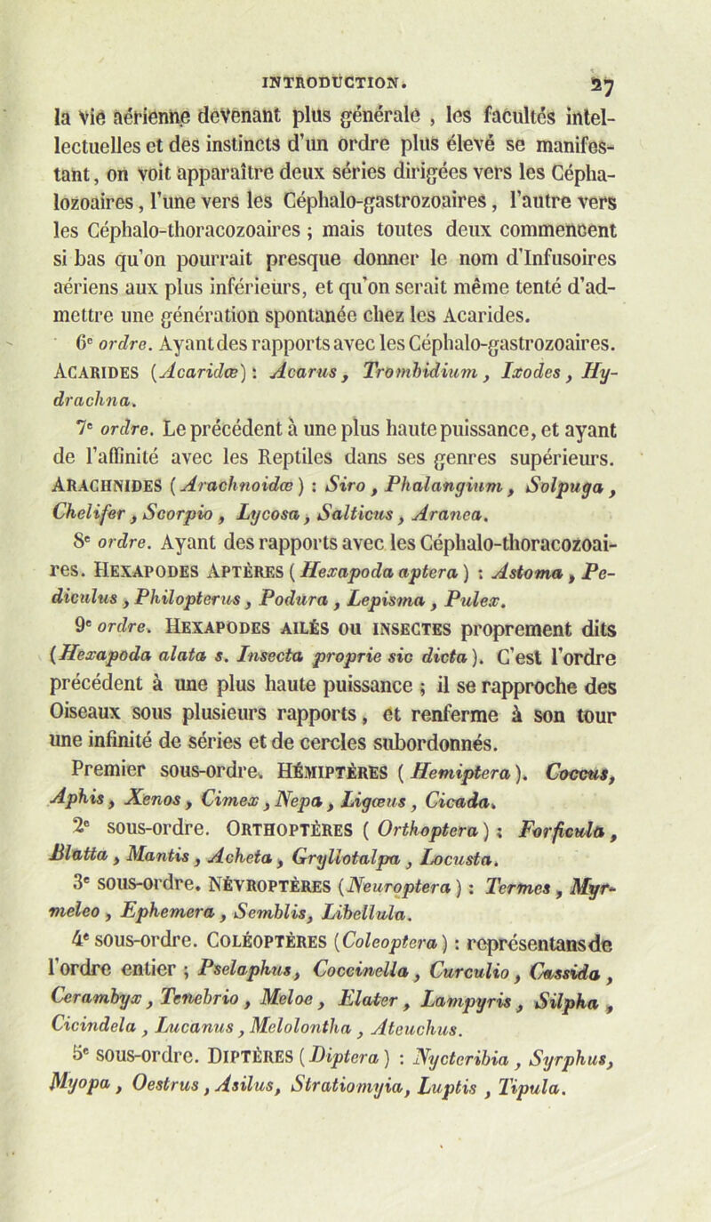 INTRODUCTION i 5^ la Vié aefierme devenant plus générale , les facultés intel- lectuelles et des instincts d’un ordre plus élevé se manifes- tant , on voit apparaître deux séries dirigées vers les Gépha- lozoaires, l’une vers les Céphalo-gastrozoaires, l’autre vers les Céphalo-thoracozoaires ; mais toutes deux commencent si bas qu’on pourrait presque donner le nom d’infusoires aériens aux plus inférieurs, et qu’on serait même tenté d’ad- mettre une génération spontanée chez les Acarides. 6® ordre. Ayant des rapports avec les Céphalo-gastrozoaires. Acarides {Acaridœ): Acarus, Tromhidium, Ixodes, Hy- drachna. 7® ordre. Le précédent à une plus haute puissance, et ayant de l’affinité avec les Reptiles dans ses genres supérieurs. Arachnides ( Aracfmoidœ ) ; Siro , Phalangium , Solpuga , Chelifer , Scorpio, Lycosa > Salticus , Aranea. S® ordre. Ayant des rapports avec les Céphalo-thoracozoai- res. Hexapodes Aptères [Hexapoda aptera) : Astoma ^ Pe- diculus, Philopterivs, Podura, Lepisma, Pulex. 9' ordre. HEXAPODES AILÉS OU INSECTES proprement dits {Hexapoda alata s. Insecta proprie sic dicta). C’est l’ordre précédent à une plus haute puissance ; il se rapproche des Oiseaux sous plusieurs rapports, et renferme à son tour une infinité de séries et de cercles subordonnés. Premier sous-ordre. Hémiptères {Hemiptera). Coccus, Aphis, Xenos , Cimex, Nepa ^ Ligœus, Cicada. 2® sous-ordre. Orthoptères ( ) ; Forficuîù, Blatta , Mantis , Acheta > Gryllotalpa , Ix>custa. 3® sous-ordre. NÉvroptères {Neurqptera ) : Ternies, ilfyr- meleo , Ephemera , Semblis, Lihellida. 4*sous-ordre. Coléoptères [Coleoptera) : rcprésentansde l’ordre entier ; Pselaphus, Coceindla, Curculio , Cassida , Cerambyx , Tenebrio , Meloe , Elater , Lampyris , Silpha , Cicindeîa Lucanus, Melolontha , Ateuchus. 3' sous-ordre. Diptères [Diptera) ; Nycteribia , Syrphus, Myopa, Oestrus, Asilus, Stratiomyia, Luptis , Tipula.