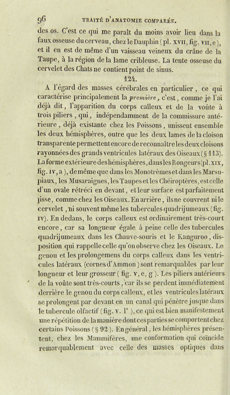 des os. C’est ce qui me paraît du moins avoir lieu dans la faux osseuse du cerveau, chez le Dauphin (pl. xvii, fig. vii,e), et il en est de même d’un vaisseau veineux du crâne de la Taupe, à la région delà lame cribleuse. La tente osseuse du cervelet des Chats ne contient point de sinus. 124. A l’égard des masses cérébrales en particulier , ce qui caractérise principalement la première, c’est, comme je l’ai déjà dit, l’apparition du corps calleux et de la voûte à trois piliers , qui, indépendamment de la commissure anté- rieure , déjà existante chez les Poissons, unissent ensemble les deux hémisphères, outre que les deux lames de la cloison transparente permettent encore de reconnaître les deux cloisons rayonnées des grands ventricules latéraux des Oiseaux(§ 113). La forme extérieure des hémisphères, dans les Rongeurs (pl. XIX, fig. iv,a ), de même que dans les Monotrèmeset dans les Marsu- piaux, les Musaraignes, les Taupes et les Chéiroptères, estcelle d’un ovale rétréci en devant, et leur surface est parfaitement jisse, comme chez les Oiseaux. En arrière, ils ne couvrent ni le cervelet, ni souvent même les tubercules quadrijumeaux ( fig. IV). En dedans, le corps calleux est ordinairement très-court encore, car sa longueur égale à peine celle des tubercules quadrijumeaux dans les Chauve-souris et le Kanguroo, dis- position qui rappelle celle qu’on observe chez les Oiseaux. Le genou et les prolongemens du corps calleux dans les ventri- cules latéraux (cornesd’Ammon)sont remarquables parleur longueur et leur grosseur ( fig. v, e, g ). Les piliers antérieurs de la voûte sont très-courts, car ils se perdent immédiatement derrière le genou du corps calleux, elles ventricules latéraux se prolongent par devant en un canal qui pénètre jusque dans le tubercule olfactif ( fig. v. 1* ), ce qui est bien manifestement une répétition de la manière dont ces parties se comportent chez certains Poissons ( § 92 ). En général, les hémisphères présen- tent, chez les Mammifères, une conformation qui coïncide remarquablement avec celle des masses optiques dans