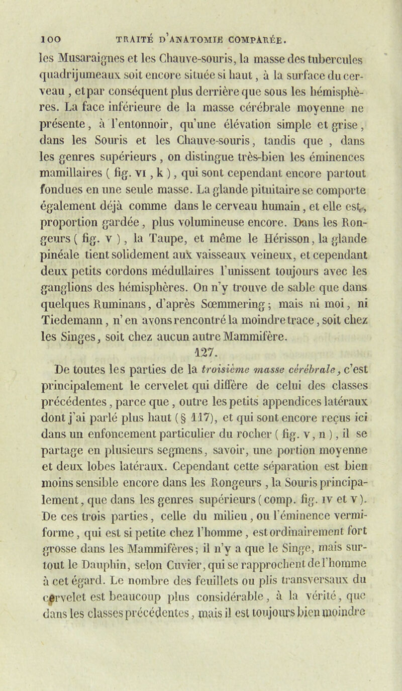 les Musaraignes et les Chauve-souris, la masse des tubercules quadrijumeaux soit encore située si haut, à la surface du cer- veau , et par conséquent plus derrière que sous les hémisphè- res. La face inférieure de la masse cérébrale moyenne ne présente, à l’entonnoir, qu’une élévation simple et grise, dans les Souris et les Chauve-souris, tandis que , dans les genres supérieurs, on distingue très-bien les éminences mamillaires ( fig. vi, k ), qui sont cependant encore partout fondues en une seule masse. La glande pituitaire se comporte egalement déjà comme dans le cerveau humain, et elle esV, proportion gardée, plus volumineuse encore. Dans les Ron- geurs ( fig. V ), la Taupe, et même le Hérisson, la glande pinéale tient solidement aux vaisseaux veineux, et cependant deux petits cordons médullaires l’unissent toujours avec les ganglions des hémisphères. On n’y trouve de sable que dans quelques Ruminans, d’après Sœmmering ; mais ni moi, ni Tiedemann, n’ en avons rencontré la moindre trace, soit chez les Singes, soit chez aucun autre Mammifère. 127. De toutes les parties de la troisième masse cérébrale, c’est principalement le cervelet qui diffère de celui des classes précédentes, parce que, outre les petits appendices latéraux dont j’ai parlé plus haut ( § 117), et qui sont encore reçus ici dans un enfoncement particulier du rocher ( fig. v, n ), il se partage en plusieurs segmens, savoir, une portion moyenne et deux lobes latéraux. Cependant cette séparation est bien moins sensible encore dans les Rongeurs , la Soimis principa- lement , que dans les genres supérieurs ( comp. fig. iv et v ). De ces trois parties, celle du milieu, ou l’éminence vermi- forme, qui est si petite chez l’homme, est ordinairement fort grosse dans les Mammifères; il n’y a que le Singe, mais sur- tout le Dauphin, selon Cuvier, qui se rapprochent de l’homme à cet égard. Le nombre des feuillets ou plis transversaux du Cj^rvelet est beaucoup plus considérable, à la vérité, que dans les classes précédentes, mais il est toujours bien moindre