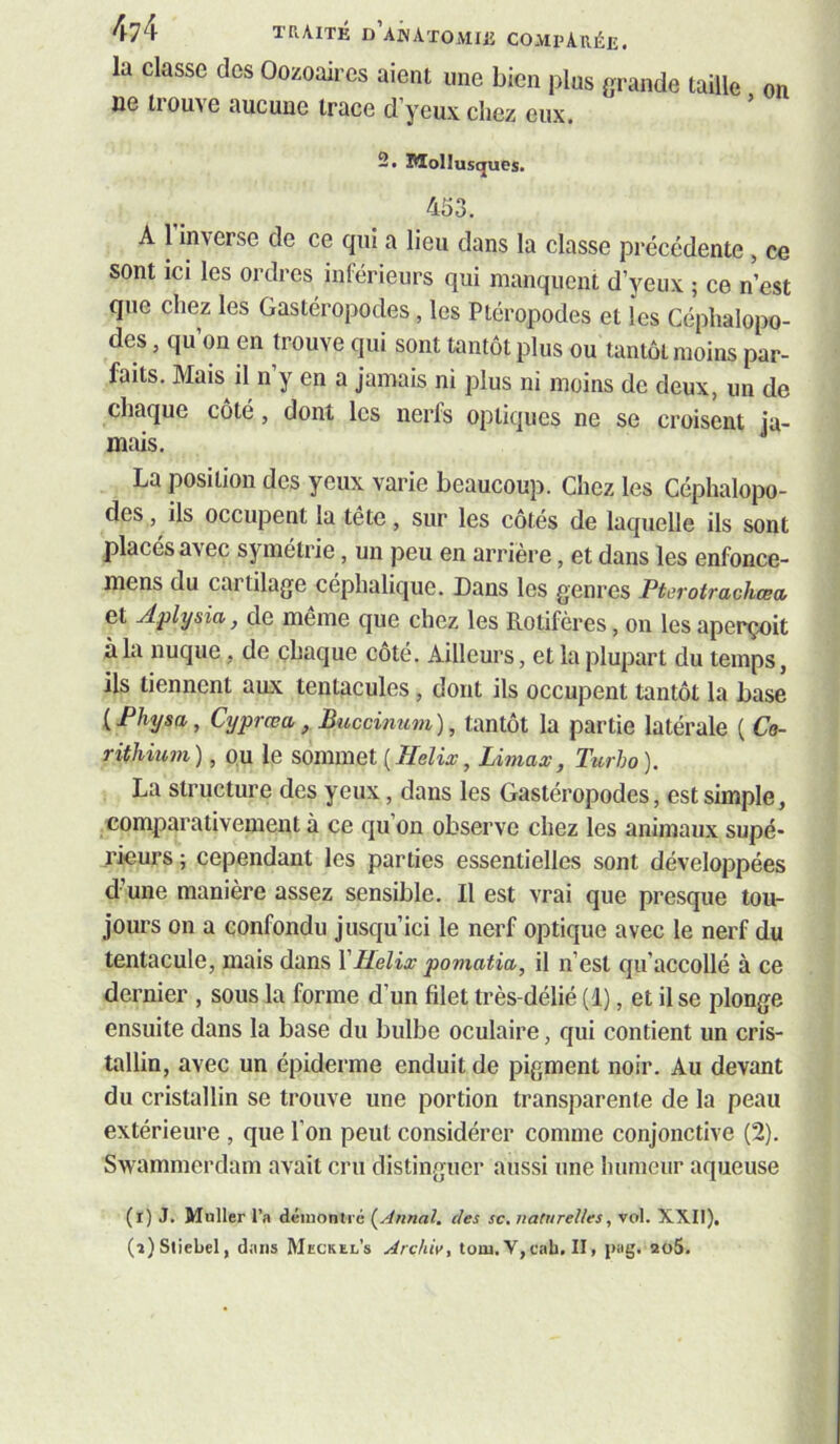 la classe des Oozoaircs aient une bien plus grande taille ne trouve aucune trace d’yeux chez eux. on O ^ % Mollusques. 453. A 1 inverse de ce qui a lieu dans la classe précédente, ce sont ici les ordres inférieurs qui manquent d’yeux ; ce n’est que chez les Gastéropodes, les Ptéropodes et les Céphalopo- des , qu’on en trouve qui sont tantôt plus ou tantôt moins par- faits. Mais il n y en a jamais ni plus ni moins de deux, un de chaque coté, dont les nerfs optiques ne se croisent ja- mais. La position des yeux varie beaucoup. Chez les Céphalopo- des , ils occupent la tête, sur les côtés de laquelle ils sont placés avec symétrie, un peu en arrière, et dans les enfonce- mens du cartilage céphalique. Dans les genres Pterotrachœa et Aplysia, de même que chez les Rotifères, on les aperçoit à la nuque, de chaque côté. Ailleurs, et la plupart du temps, ils tiennent aux tentacules, dont ils occupent tantôt la base ( Physa, Cyprœa, Buccinum ), tantôt la partie latérale ( Co- rithium), ou le sommet (//e/ia;, Umax, Turbo). La structure des yeux, dans les Gastéropodes, est simple, comparativement à ce qu on observe chez les animaux supé- rieurs ; cependant les parties essentielles sont développées d’une manière assez sensible. Il est vrai que presque tou- jours on a confondu jusqu’ici le nerf optique avec le nerf du tentacule, mais dans \Hélix pomatia, il n’est qii’accollé à ce dernier , sous la forme d’un filet très-délié (1), et il se plonge ensuite dans la base du bulbe oculaire, qui contient un cris- tallin, avec un épiderme enduit de pigment noir. Au devant du cristallin se trouve une portion transparente de la peau extérieure , que l’on peut considérer comme conjonctive (2). Swammerdam avait cru distinguer aussi une humeur aqueuse (i) J. Muller l’a démontré (^Ânnal. des sc. uaturelles, vol. XXII), (î)Sliebel, dans Mhckel’s Archiv, tout. V,cab. II, pag. 2o5.