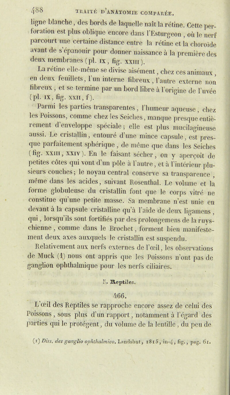 ligne blanche, des bords de laquelle naît la rétine. Cette per- loration est plus oblique encore dans l’Esturgeon , où le nerf parcourt une certaine distance entre la rétine et la choroïde avant de s épanouir pour donner naissance à la première des deux membranes (pl. ix, fig. xxiii). La rétine elle-même se divise aisément, chez ces animaux , en deux feuillets, l’un interne fibreux , l’autre externe non fibreux, et se termine par un bord libre à l’origine de l’uvée (pl. IX, fig. XXII, f). Pai mi les parties transparentes, l’humeur aqueuse, chez les Poissons, comme chez les Seiches, manque presque entiè- rement d’enveloppe spéciale; elle est plus mucilagineuse aussi. Le cristallin, entouré dune mince capsule, est pres- que parfaitement sphérique , de même que dans les Seiches (fig. XXIII, XXIV). En le faisant sécher, on y aperçoit de petites côtes qui vont d’un pôle à l’autre, et à l’intérieur plu- sieurs couches; le noyau central conserve sa ti-ansparence , meme dans les acides, suivant Rosentlial. Le volume et la forme globuleuse du cristallin font que le corps vitré ne constitue qu’une petite masse. Sa membrane n’est unie en devant à la capsule cristalline qu à 1 aide de deux ligamens , qui, lorsqu’ils sont fortifiés par des prolongemens de la ruys- chienne , comme dans le Brochet, forment bien manifeste- ment deux axes auxquels le cristallin est suspendu. Relativement aux nerfs externes de l’œil, les observations de Muck (1) nous ont appris que les Poissons n’ont pas de ganglion ophthalmique pour les nerfs ciliaires. t). IReptiles. 466. L’œil des Reptiles se rapproche encore assez de celui des Poissons, sous plus d’un rapport, notamment à l’égard des parties qui le protègent, du volume de la lentille, du peu de {i) Diss, des gauglio ophthalmico. lj»nAihul, i815, in-4 , fig., pag. 6i.