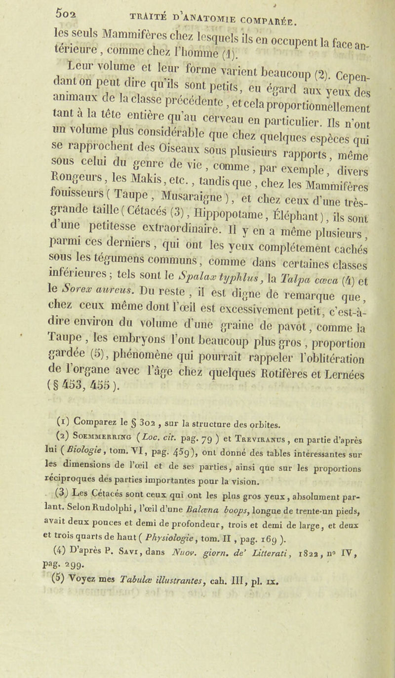 les seuls Mammifères elicz lesquels ils en occupent la face an terieiire, comme chez l’homme (i) Leur volume el leur forme varient beancoup (2). Cepen danton penul.rc qu'ils sont petits, eu ésard yeuv'^rs iaTua Îte e r ° ’ o‘“'«P™POftionndlement a la tete entiere qu au cerveau en particulier. Ils n'ont un volume plus considérable que chez quelques espèces q”i se rapprochent des Otseanx sous plusieurs rapports, même sous celu. du genre de vie . comme . par exemple, divers ngeuis les Makis, etc., tandis que . chez les Mammifères fouisseurs ( Taupe , Musaraigne), et chez ceux d'une très- grande taille ( Cétacés (3), Hippopotame, Éléphant ), ils sont d une petitesse extraordinaire. Il y en a même plusieurs parmi ces derniers , qui ont les yeux complètement cachés sons les tcgiimens communs, comme dans certaines classes m ei'ieiires ; tels sont le Spalas typhlus, la Talpa cœca (4) et le Sore^^ aureus. Du reste , il est flijjne de remarque que chez ceux même dont l’œil est excessivement petit, c’est-à- dire environ du volume d’une {jraine de pavot, comme la Taupe , les embryons l’ont beaucoup plus gros , proportion gardée (5), phénomène qui pourrait rappeler l’oblitération de l’organe avec l’àge chez quelques Rotifères et bernées ( § 453, 455 ). (1) Comparez le § 3o2 , sur la structure des orbites. (2) SoEMMERRiNG {Loc. cît. pag. 79 ) et Treviranüs , en partie d’après lui {Biologie, tom. VI, pag. 45g), ont donné des tables intéressantes sur les dimensions de l’œil et de ses parties, ainsi que sur les proportions réciproques des parties importantes pour la vision. (3J Les Cétacés sont ceux qui ont les plus gros yeux, absolument par- lant. Selon Rudolpbi, 1 œil d’une Balœna boops, longue de trente-un pieds, avait deux pouces et demi de profondeur, trois et demi de large, et deux et trois quarts de haut ( Physiologie, tom. II , pag. i6g ). (4) D après P. SAvr,dans Niiov. giorn, de' Lilterati, 182a, n» IV, pag. 29g. (5) Voyez mes Tabules illustrantes, cab. 111, pl. ix.