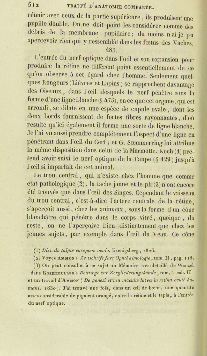 réunir avec ceux de la partie supérieure, ils produisent une pupille double. On ne doit point les considérer comme des débris de la membrane pupillaire; du moins n’ai-je pu apercevoir rien qui y ressemblât dans les fœtus des Vaches. 485. L entrée du nerf optique dans l'œil et son expansion pour produire la rétine ne diffèrent point essentiellement de ce qu on observe a cet egard chez l’homme. Seulement quel- ques Rongeurs (Lièvres et Lapins) se rapprochent davantage des Oiseaux, dans l’œil desquels le nerf pénètre sous la forme d’une ligne blanche (§ 475), en ce que cet organe, qui est arrondi, se dilate en une espèce de cupule ovale , dont les deux bords fournissent de fortes fibres rayonnantes, d’où résulte qu’ici également il forme une sorte de ligne blanche. Je l’ai vu aussi prendre complètement l’aspect d’une ligne en pénétrant dans l’œil du Cerf ; et G. Sœmmerring lui attribue la même disposition dans celui de la Marmotte. Koch (1) pré- tend avoir suivi le nerf optique de la Taupe (§ 129) jusqu’à l’œil si imparfait de cet animal. Le trou central, qui n’existe chez l’homme que comme état pathologique (2), la tache jaune et le pli (3) n’ont encore été trouvés que dans l’œil des Singes. Cependant le vaisseau du trou central, c’est-à-dire l’artère centrale de la rétine, s’aperçoit aussi, chez les animaux, sous la forme d’un cône blanchâtre qui pénètre dans le corps vitré, quoique, du reste, on ne l’aperçoive bien distinctement que chez les jeunes sujets, par exemple dans l’œil du Veau. Ce cône (i) Diss. de talpœ eiiropœœ ocido. Kœnigsberg , 1826. (2; Voyez Ammon’s Zeitschrift fuer Ophthalmologie, tom. II, p.ng. 115. (3) On peut consulter à ce sujet un Mémoire Irès-détaillé de Wanzcl dans HosENMTOiiKR’s Beitrevge zur Zergliederungskunde , tom. I, cah. II et un travail d Ammon ( De genesi et'usii macidœ luteœin retina ocidi hii- mani, i83o/. J’ai trouvé une fois, dans un œil de bœuf, une quantité assez considérable de pigment orangé, entre la rétine et le tapis, à l’entree du nerf optique.