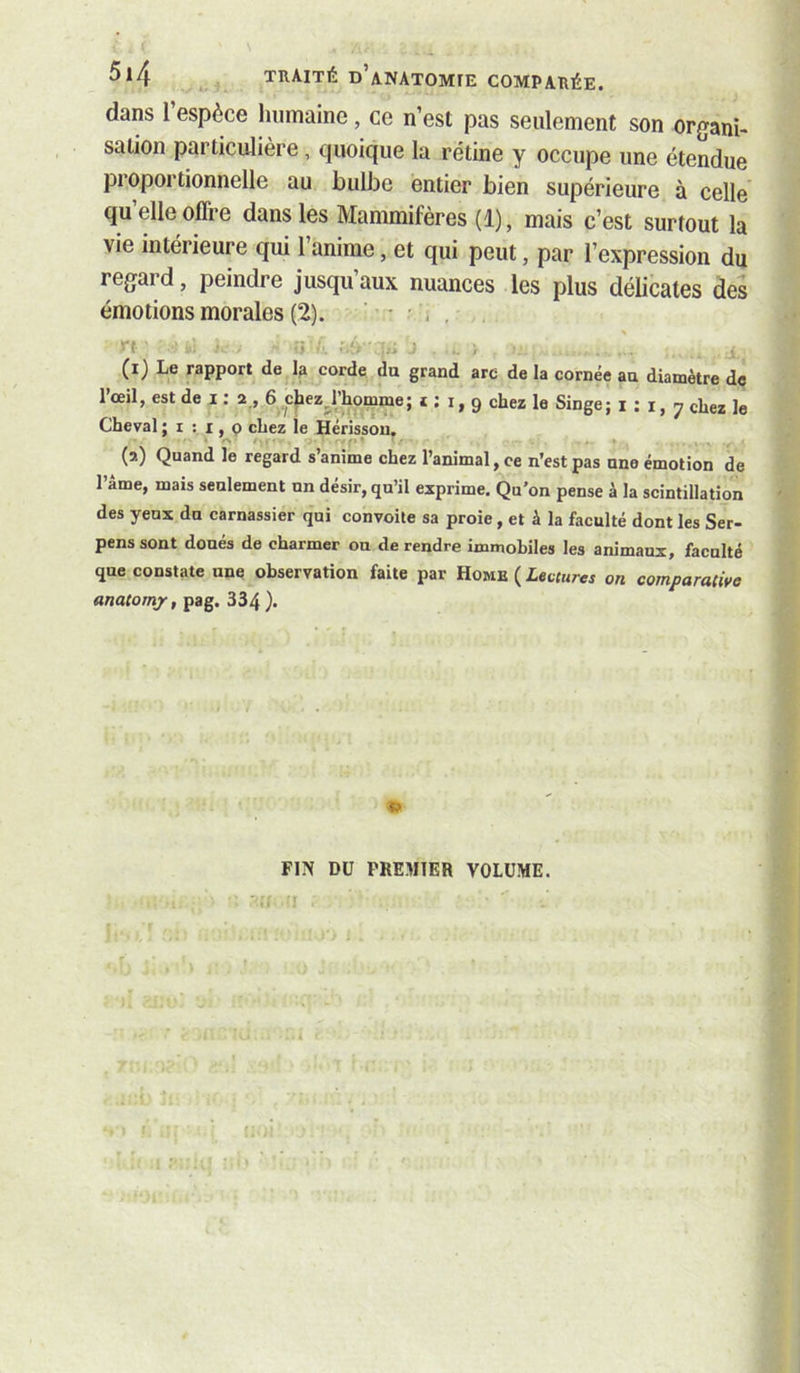 dans l’espèce humaine, ce n’est pas seulement son organl- salion particulière, quoique la rétine y occupe une étendue proportionnelle au bulbe entier bien supérieure à celle qu’elle offre dans les Mammifères (1), mais c’est surtout la vie intérieure qui 1 anime, et qui peut, par l’expression du regard, peindre jusqu aux nuances les plus délicates des émotions morales (2). ’ • i . rt , , (1) Le rapport de h corde du grand arc de la cornée an diamètre de l’œil, est de i : 2., 6 c|iez^riiomme; 1:1,9 chez le Singe; 1:1,7 le Cheval ; i : x, p chez le Hérisson, r<t - ■ - , t • » (2) Quand le regard s’anime chez l’animal, ce n’est pas nno émotion de l’ame, mais seulement un désir, qu’il exprime. Qu’on pense à la scintillation des yeux du carnassier qui convoite sa proie, et à la faculté dont les Ser- pens sont doués de charmer on de rendre immobiles les animaux, faeulté que constate une observation faite par Home ( Lectures on comparative anatomjr, pag. 334). « FIN DU PREMIER VOLUME. I