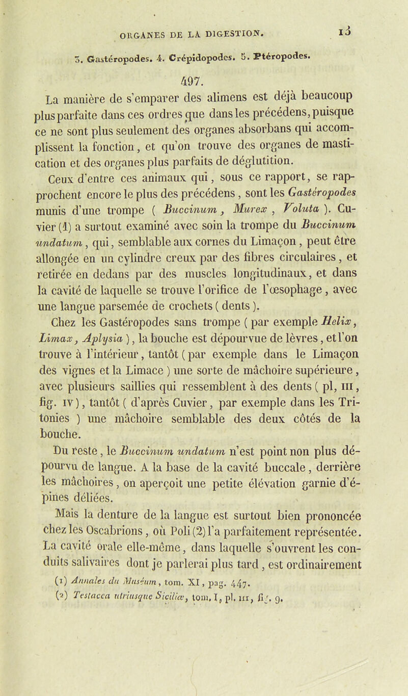 5, Gastéropodes. 4. Crépidopodcs. 5. Ptéropodes. li 497. La manière de s’emparer des alimens est déjà beaucoup plus parfaite dans ces ordres que dans les précédées, puisque ce ne sont plus seulement des organes absorbons qui accom- plissent la fonction, et qu’on trouve des organes de masti- cation et des organes plus parfaits de déglutition. Ceux d’entre ces animaux qui, sous ce rapport, se rap- prochent encore le plus des précédens, sont les Gastéropodes munis d’une trompe ( Buccinum, Murea; , Koluta ). Cu- vier (1) a surtout examiné avec soin la trompe du Buccinum undatum, qui, semblable aux cornes du Limaçon, peut être allongée en un cylindre creux par des fibres circulaires, et retirée en dedans par des muscles longitudinaux, et dans la cavité de laquelle se trouve l’orifice de l’œsophage, avec une langue parsemée de crochets ( dents ). Chez les Gastéropodes sans trompe ( par exemple Relioc, Limax, Aplysia ), la bouche est dépourvue de lèvres, et l’on trouve à l’intériem’, tantôt ( par exemple dans le Limaçon des vignes et la Limace ) une sorte de mâchoire supérieure, avec plusieurs saillies qui ressemblent à des dents ( pl, iii, fig. IV), tantôt ( d’après Cuvier, par exemple dans les Tri- tonies ) une mâchoire semblable des deux côtés de la bouche. Du reste, le Buccinum undatum n’est point non plus dé- pourvu de langue. A la base de la cavité buccale, derrière les mâchoires, on aperçoit une petite élévation garnie d’é- pines déliées. Mais la denture de la langue est surtout bien prononcée chez les Oscabrions, où Poli (2) l’a parfaitement représentée. La cavité orale elle-même, dans laquelle s’ouvrent les con- duits salivaires dont je parlerai plus tard, est ordinairement (1) Annales du Muséum, tom. XI, püg. 447. (2) Testacca idriusquc Siciilcv, tom. I, pl. iii, fjj. 9,