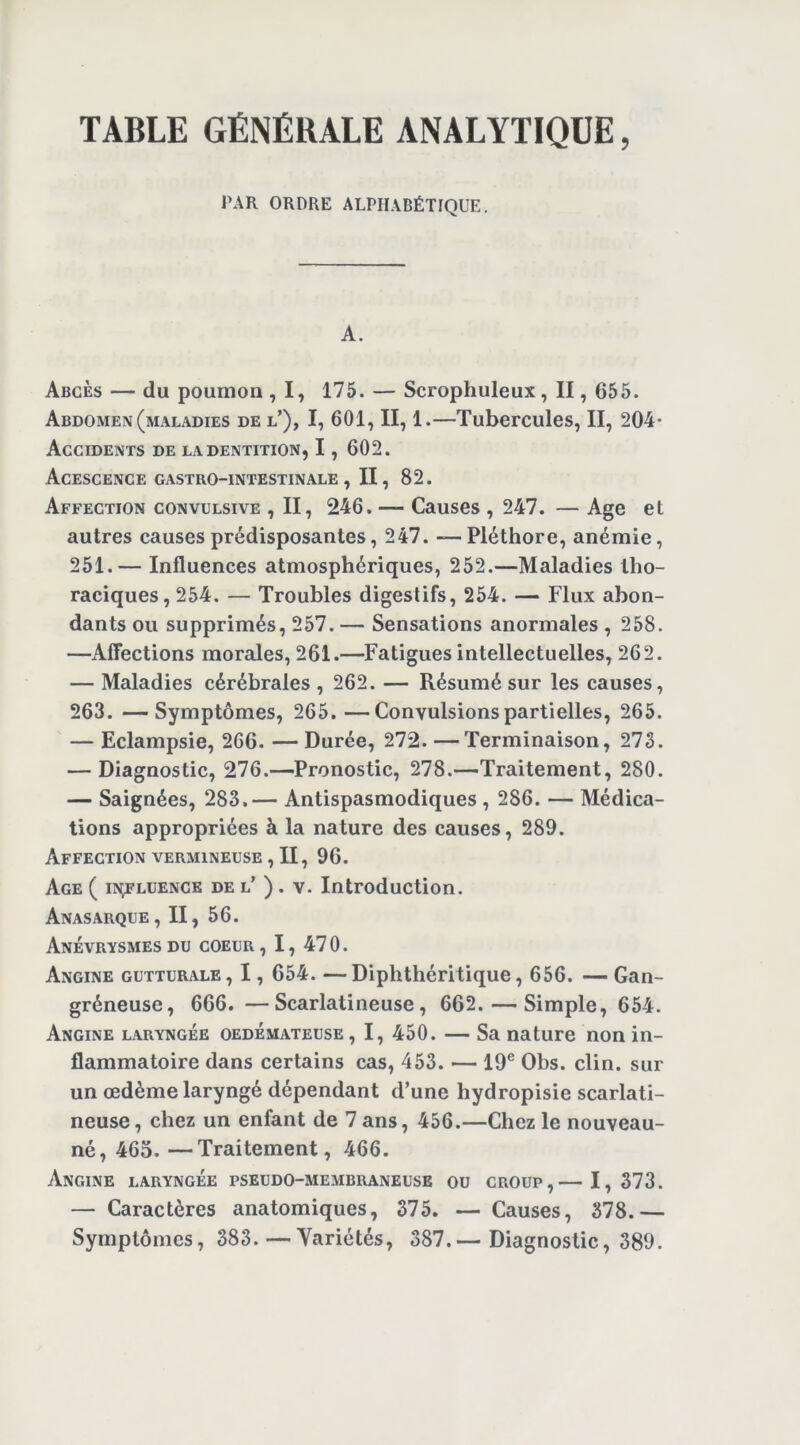 TABLE GÉNÉRALE ANALYTIQUE, PAR ORDRE ALPHABÉTIQUE. A. Abcès — du poumon , I, 175. — Scrophuleux, II, 655. Abdomen (maladies de l’), I, 601, II, 1.—Tubercules, II, 204- Accidents de la dentition, 1, 602. Acescence gastro-intestinale, II, 82. Affection convulsive , II, 246. — Causes , 247. — Age et autres causes prédisposantes, 247. — Pléthore, anémie, 251.— Influences atmosphériques, 252.—Maladies tho- raciques, 254. — Troubles digestifs, 254. — Flux abon- dants ou supprimés, 257. — Sensations anormales , 258. —Affections morales, 261.—Fatigues intellectuelles, 262. — Maladies cérébrales , 262. — Résumé sur les causes, 263. —Symptômes, 265.—Convulsions partielles, 265. — Eclampsie, 266. — Durée, 272. — Terminaison, 273. — Diagnostic, 276.—Pronostic, 278.—Traitement, 280. — Saignées, 283.— Antispasmodiques , 286. — Médica- tions appropriées à la nature des causes, 289. Affection vermineuse , II, 96. Age ( ip^LUENCE de l' ). v. Introduction. AnASARQUE, II, 56. Anévrysmes DU coeur, I, 470. Angine gutturale, 1,654. —Diphthéritique, 656. — Gan- gréneuse, 666. —Scarlatineuse, 662. — Simple, 654. Angine laryngée oedémateuse, I, 450. — Sa nature non in- flammatoire dans certains cas, 453. — 19® Obs. clin, sur un œdème laryngé dépendant d’une hydropisie scarlati- neuse, chez un enfant de 7 ans, 456.—Chez le nouveau- né, 465. —Traitement, 466. Angine laryngée pseudo-membraneuse ou croup,— 1, 373. — Caractères anatomiques, 375. — Causes, 378.— Symptômes, 383. — Variétés, 387.— Diagnostic, 389.