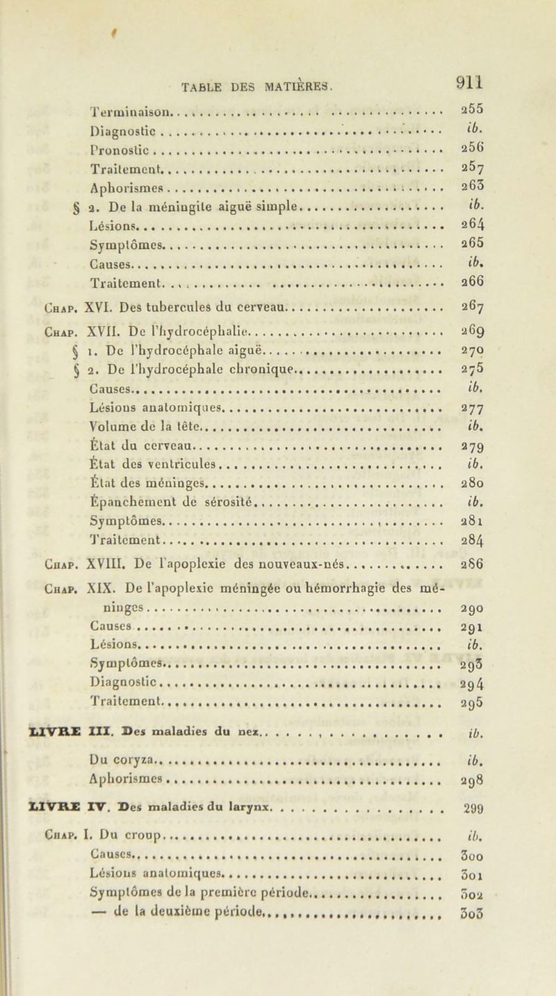 Terminaison 255 Diagnostic ib- Pronostic * • • • 256 Traitement 2^7 Aphorismes 263 § 2. Delà méningite aiguë simple ib. Lésions * 264 Symptômes s65 Causes. ib* Traitement. 266 Chap. XVI. Des tubercules du cerveau 267 Chap. XVII. De l’hydrocéphalie 269 § 1. De l’hydrocéphale aiguë 270 § 2. De l’hydrocéphale chronique 275 Causes ib. Lésions anatomiques 277 Volume de la tête ib. État du cerveau 279 État des ventricules ib. État des méninges 280 Épanchement de sérosité ib. Symptômes 281 Traitement 284 Chap. XVIII. De l'apoplexie des nouveaux-nés 286 Chap. XIX. De l’apoplexie méningée ou hémorrhagie des mé- ninges 290 Causes 291 Lésions ib. Symptômes..... 293 Diagnostic 294 Traitement 295 LIVRE III. Ses maladies du nez jlr. Du coryza ib. Aphorismes 298 LIVRE IV. Ses maladies du larynx 299 CnAP. I. Du croup ib. Causes 3oo Lésions anatomiques 5oi Symptômes de la première période Ô02 — de la deuxième période,. 3o3
