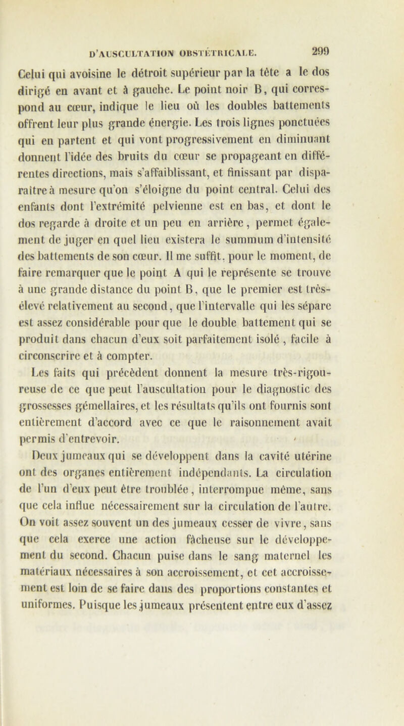 Celui qui avoisine le détroit supérieur par la tête a le dos dirigé en avant et à gauche. Le point noir B, qui corres- pond au cœur, indique le lieu où les doubles battements offrent leur plus graude énergie. Les trois lignes ponctuées qui en partent et qui vont progressivement en diminuant donnent l’idée des bruits du cœur se propageant en diffé- rentes directions, mais s’affaiblissant, et finissant par dispa- raître à mesure qu’on s’éloigne du point central. Celui des enfants dont l’extrémité pelvienne est en bas, et dont le dos regarde à droite et un peu en arrière, permet égale- ment de juger en quel lieu existera le summum d’intensité des battements de son cœur. 11 me suffit, pour le moment, de faire remarquer que le point A qui le représente se trouve à une grande distance du point B, que le premier est très- élevé relativement au second, que l’intervalle qui les sépare est assez considérable pour que le double battement qui se produit dans chacun d’eux soit parfaitement isolé , facile à circonscrire et à compter. Les faits qui précèdent donnent la mesure très-rigou- reuse de ce que peut l’auscultation pour le diagnostic des grossesses gémellaires, et les résultats qu’ils ont fournis sont entièrement d’accord avec ce que le raisonnement avait permis d'entrevoir. Deux jumeaux qui se développent dans la cavité utérine ont des organes entièrement indépendants. La circulation de l’un d’eux peut être troublée, interrompue même, sans que cela influe nécessairement sur la circulation de l’autre. On voit assez souvent un des jumeaux cesser de vivre, sans que cela exerce une action fâcheuse sur le développe- ment du second. Chacun puise dans le sang maternel les matériaux nécessaires à son accroissement, et cet accroisse- ment est loin de se faire dans des proportions constantes et uniformes. Puisque les jumeaux présentent entre eux d’assez