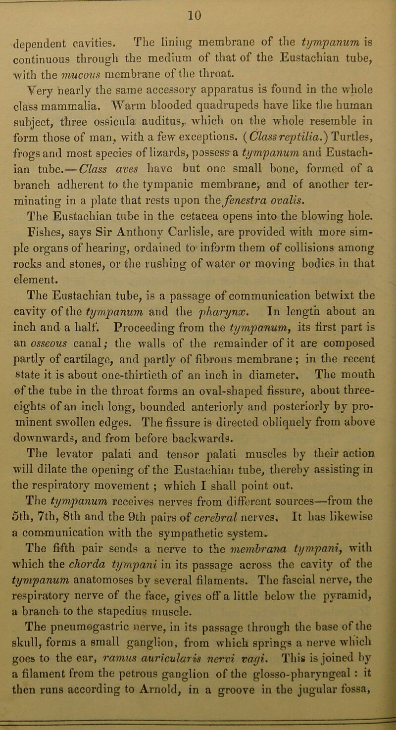 dependent cavities. The lining membrane of the tympanum is continuous through the medium of that of the Eustachian tube, with the mucous membrane of the throat. Very nearly the same accessory apparatus is found in the whole class mammalia. Warm blooded quadrupeds have like the human subject, three ossicula audit us,, which on the whole resemble in form those of man, with a few exceptions. (Class reptilia.) Turtles, frogs and most species of lizards, possess a tympanum and Eustach- ian tube.—Class aves have but one small bone, formed of a branch adherent to the tympanic membrane, and of another ter- minating in a plate that rests upon the fenestra ovalis. The Eustachian tube in the cetacea opens into the blowing hole. Fishes, says Sir Anthony Carlisle, are provided with more sim- ple organs of hearing, ordained to inform them of collisions among rocks and stones, or the rushing of water or moving bodies in that element. The Eustachian tube, is a passage of communication betwixt the cavity of the tympanum and the pharynx. In length about an inch and a half. Proceeding from the tympanum, its first part is an osseous canal; the Avails of the remainder of it are composed partly of cartilage, and partly of fibrous membrane ; in the recent state it is about one-thirtieth of an inch in diameter. The mouth of the tube in the throat forms an oval-shaped fissure, about three- eights of an inch long, bounded anteriorly and posteriorly by pro- minent swollen edges. The fissure is directed obliquely from above downwards, and from before backwards. The levator palati and tensor palati muscles by their action will dilate the opening of the Eustachian tube, thereby assisting in the respiratory movement ; which I shall point out. The tympanum receives nerves from different sources—from the 5th, 7th, 8th and the 9th pairs of cerebral nerves. It has likewise a communication with the sympathetic system. The fifth pair sends a nerve to the membrana tympani, Avith which the chorda tympani in its passage across the cavity of the tympanum anatomoses by several filaments. The fascial nerve, the respiratory nerve of the face, gives off a little beloAV the pyramid, a branch to the stapedius muscle. The pneumogastric nerve, in its passage through the base of the skull, forms a small ganglion, from Avhich springs a nerve which goes to the ear, ramus auricularis nervi vagi. This is joined by a filament from the petrous ganglion of the glosso-pharyngeal : it then runs according to Arnold, in a groove in the jugular fossa,