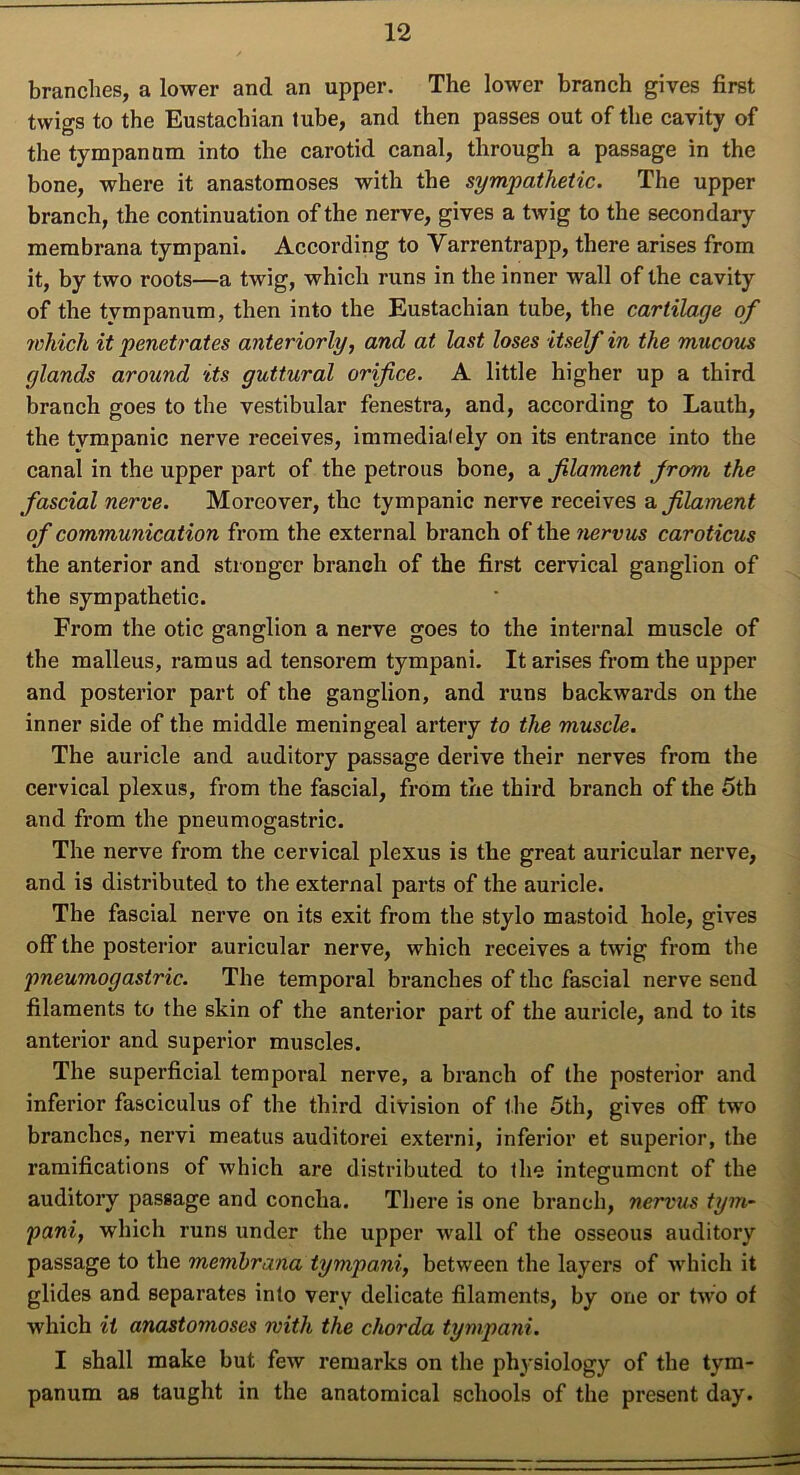 branches, a lower and an upper. The lower branch gives first twigs to the Eustachian tube, and then passes out of the cavity of the tympanum into the carotid canal, through a passage in the bone, where it anastomoses with the sympathetic. The upper branch, the continuation of the nerve, gives a twig to the secondary membrana tympani. According to Varrentrapp, there arises from it, by two roots—a twig, which runs in the inner wall of the cavity of the tvmpanum, then into the Eustachian tube, the cartilage of which it penetrates anteriorly, and at last loses itself in the mucous glands around its guttural orifice. A little higher up a third branch goes to the vestibular fenestra, and, according to Lauth, the tympanic nerve receives, immediately on its entrance into the canal in the upper part of the petrous bone, a filament from the fascial nerve. Moreover, the tympanic nerve receives a filament of communication from the external branch of the tiervus caroticus the anterior and stronger branch of the first cervical ganglion of the sympathetic. From the otic ganglion a nerve goes to the internal muscle of the malleus, ramus ad tensorem tympani. It arises from the upper and posterior part of the ganglion, and runs backwards on the inner side of the middle meningeal artery to the muscle. The auricle and auditory passage derive their nerves from the cervical plexus, from the fascial, from the third branch of the 5th and from the pneumogastric. The nerve from the cervical plexus is the great auricular nerve, and is distributed to the external parts of the auricle. The fascial nerve on its exit from the stylo mastoid hole, gives off the posterior auricular nerve, which receives a twig from the pneumogastric. The temporal branches of the fascial nerve send filaments to the skin of the anterior part of the auricle, and to its anterior and superior muscles. The superficial temporal nerve, a branch of the posterior and inferior fasciculus of the third division of the 5th, gives off two branches, nervi meatus auditorei externi, inferior et superior, the ramifications of which are distributed to the integument of the auditory pasgage and concha. There is one branch, nervus tym- pani, which runs under the upper wall of the osseous auditory passage to the membrana tympani, between the layers of which it glides and separates into very delicate filaments, by one or two of which it anastomoses with the chorda tympani. I shall make but few remarks on the physiology of the tym- panum as taught in the anatomical schools of the present day.