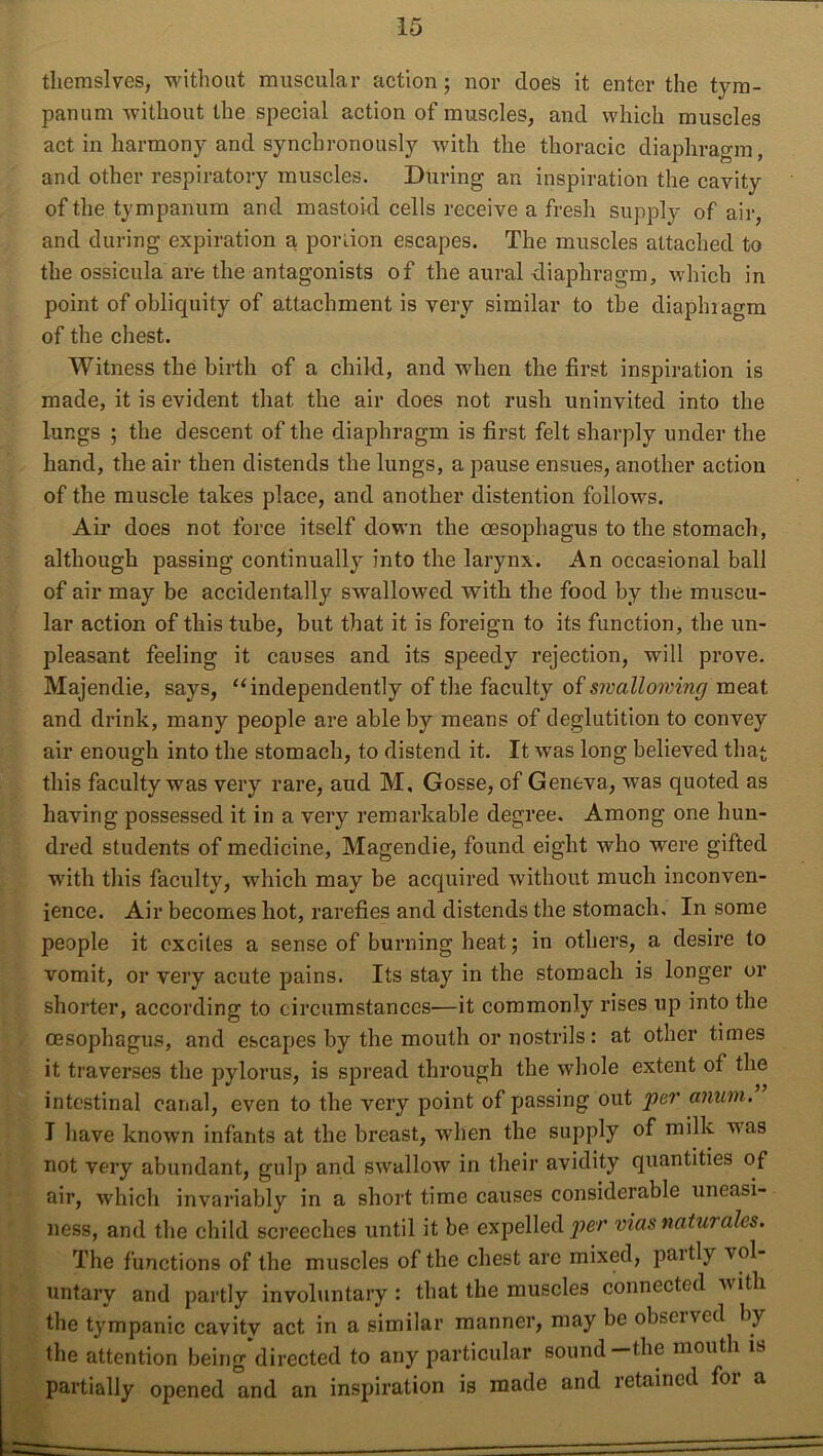 themslves, without muscular action; nor does it enter the tym- panum without the special action of muscles, and which muscles act in harmony and synchronously with the thoracic diaphragm, and other respiratory muscles. During an inspiration the cavity of the tympanum and mastoid cells receive a fresh supply of air, and during expiration a portion escapes. The muscles attached to the ossicula are the antagonists of the aural diaphragm, which in point of obliquity of attachment is very similar to the diaphiagm of the chest. Witness the birth of a child, and when the first inspiration is made, it is evident that the air does not rush uninvited into the lungs ; the descent of the diaphragm is first felt sharply under the hand, the air then distends the lungs, a pause ensues, another action of the muscle takes place, and another distention follows. Air does not force itself down the oesophagus to the stomach, although passing continually into the larynx. An occasional ball of air may be accidentally swallowed with the food by the muscu- lar action of this tube, but that it is foreign to its function, the un- pleasant feeling it causes and its speedy rejection, will prove. Majendie, says, “independently of the faculty of swallowing meat and drink, many people are able by means of deglutition to convey air enough into the stomach, to distend it. It was long believed that this faculty was very rare, aud M, Gosse, of Geneva, was quoted as having possessed it in a very remarkable degree. Among one hun- dred students of medicine, Magendie, found eight who were gifted with this facidty, which may be acquired without much inconven- ience. Air becomes hot, rarefies and distends the stomach. In some people it excites a sense of burning heat; in others, a desire to vomit, or very acute pains. Its stay in the stomach is longer or shorter, according to circumstances—it commonly rises up into the oesophagus, and escapes by the mouth or nostrils: at other times it traverses the pylorus, is spread through the whole extent of the intestinal canal, even to the very point of passing out yen anuni. I have known infants at the breast, when the supply of milk was not very abundant, gulp and swallow in their avidity quantities of air, which invariably in a short time causes considerable uneasi- ness, and the child screeches until it be expelled per vias naturales. The functions of the muscles of the chest are mixed, paitly vol- untary and partly involuntary : that the muscles connected with the tympanic cavity act in a similar manner, may be observed by the attention being directed to any particular sound the mouth is partially opened and an inspiration is made and retained foi a