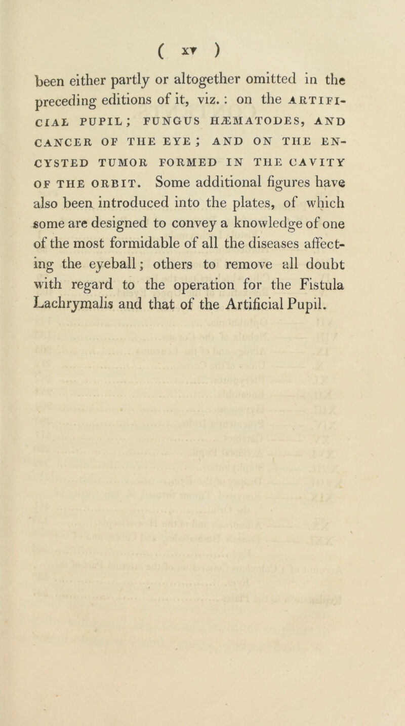 been either partly or altogether omitted in the preceding editions of it, viz.: on the artifi- cial pupil; fungus haumatodes, and CANCER OF THE EYE ; AND ON THE EN- CYSTED TUMOR FORMED IN THE CAVITY of the orbit. Some additional figures have also been introduced into the plates, of which some are designed to convey a knowledge of one of the most formidable of all the diseases affect- ing the eyeball; others to remove all doubt with regard to the operation for the Fistula Lachrymalis and that of the Artificial Pupil.