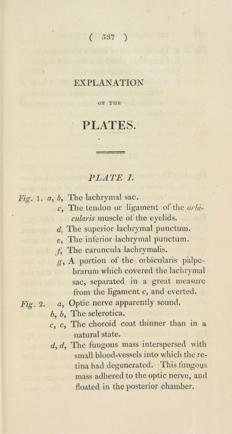EXPLANATION OF THE PLATES. PLATE I. Fig. l. a, b. The lachrymal sac. c, The tendon or ligament of the orbi- cularis muscle of the eyelids. d, The superior lachrymal punctum. e, The inferior lachrymal punctum. j\ The caruncula lachrymalis. g, A portion of the orbicularis palpe- brarum which covered the lachrymal sac, separated in a great measure from the ligament c, and everted. Fig. 2. a, Optic nerve apparently sound. b, The sclerotica. c, c, The choroid coat thinner than in a natural state. d, d, The fungous mass interspersed with small blood-vessels into which the re- tina had degenerated. This fungous mass adhered to the optic nerve, and floated in the posterior chamber.