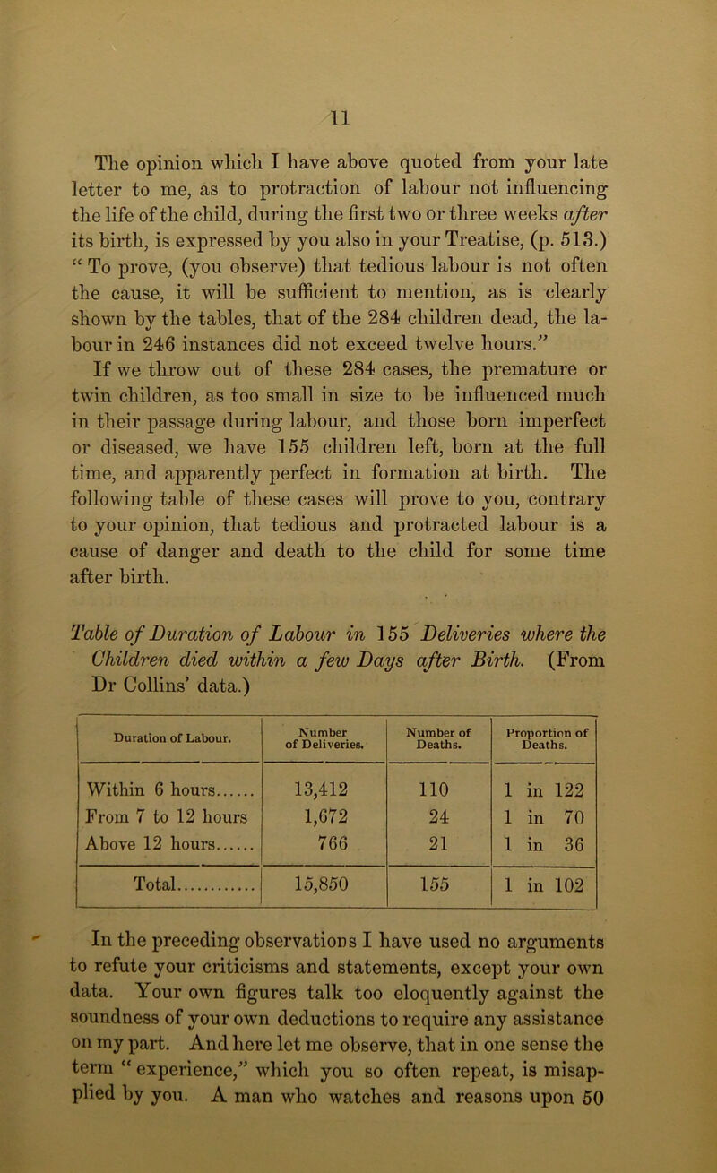 The opinion which I have above quoted from your late letter to me, as to protraction of labour not influencing the life of the child, during the first two or three weeks after its birth, is expressed by you also in your Treatise, (p. 513.) “ To prove, (you observe) that tedious labour is not often the cause, it will be sufficient to mention, as is clearly shown by the tables, that of the 284 children dead, the la- bour in 246 instances did not exceed twelve hours.” If we throw out of these 284 cases, the premature or twin children, as too small in size to be influenced much in their passage during labour, and those born imperfect or diseased, we have 155 children left, born at the full time, and apparently perfect in formation at birth. The following table of these cases will prove to you, contrary to your opinion, that tedious and protracted labour is a cause of danger and death to the child for some time after birth. Table of Duration of Labour in 155 Deliveries where the Children died within a few Days after Birth. (From Dr Collins’ data.) Duration of Labour. Number of Deliveries. Number of Deaths. Proportion of Deaths. Within 6 hours 13,412 110 1 in 122 From 7 to 12 hours 1,672 24 1 in 70 Above 12 hours 766 21 1 in 36 Total 15,850 155 1 in 102 In the preceding observations I have used no arguments to refute your criticisms and statements, except your own data. Your own figures talk too eloquently against the soundness of your own deductions to require any assistance on my part. And here let me observe, that in one sense the term “ experience,” which you so often repeat, is misap- plied by you. A man who watches and reasons upon 50